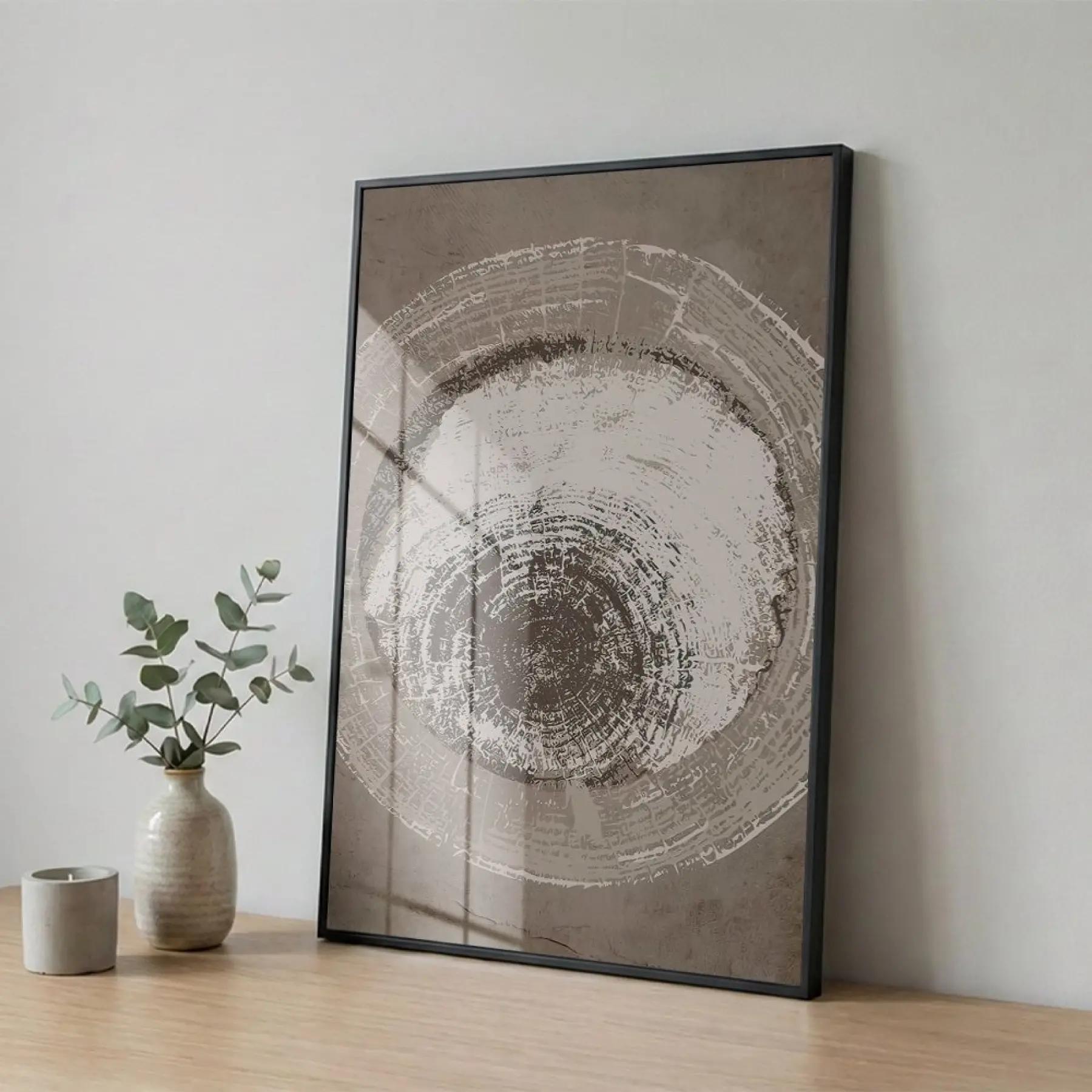 Organik Halkalar Nötr Toprak Tonları Tekli Siyah Metal Çerçeveli Cam Tablo Poster Dekoratif