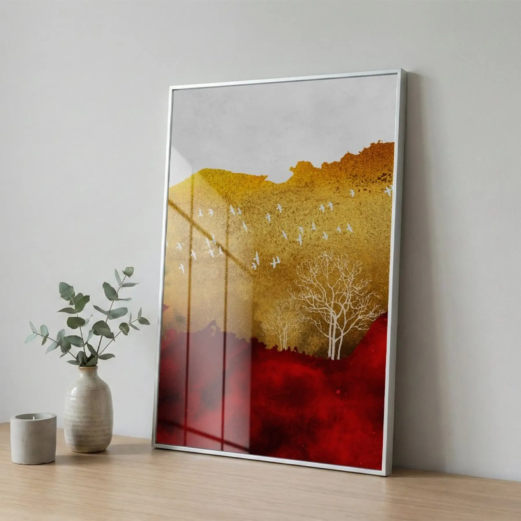 Soyut Manzara Altın Kızıl Tonlar Tekli Gümüş Metal Çerçeveli Cam Tablo Poster Dekoratif