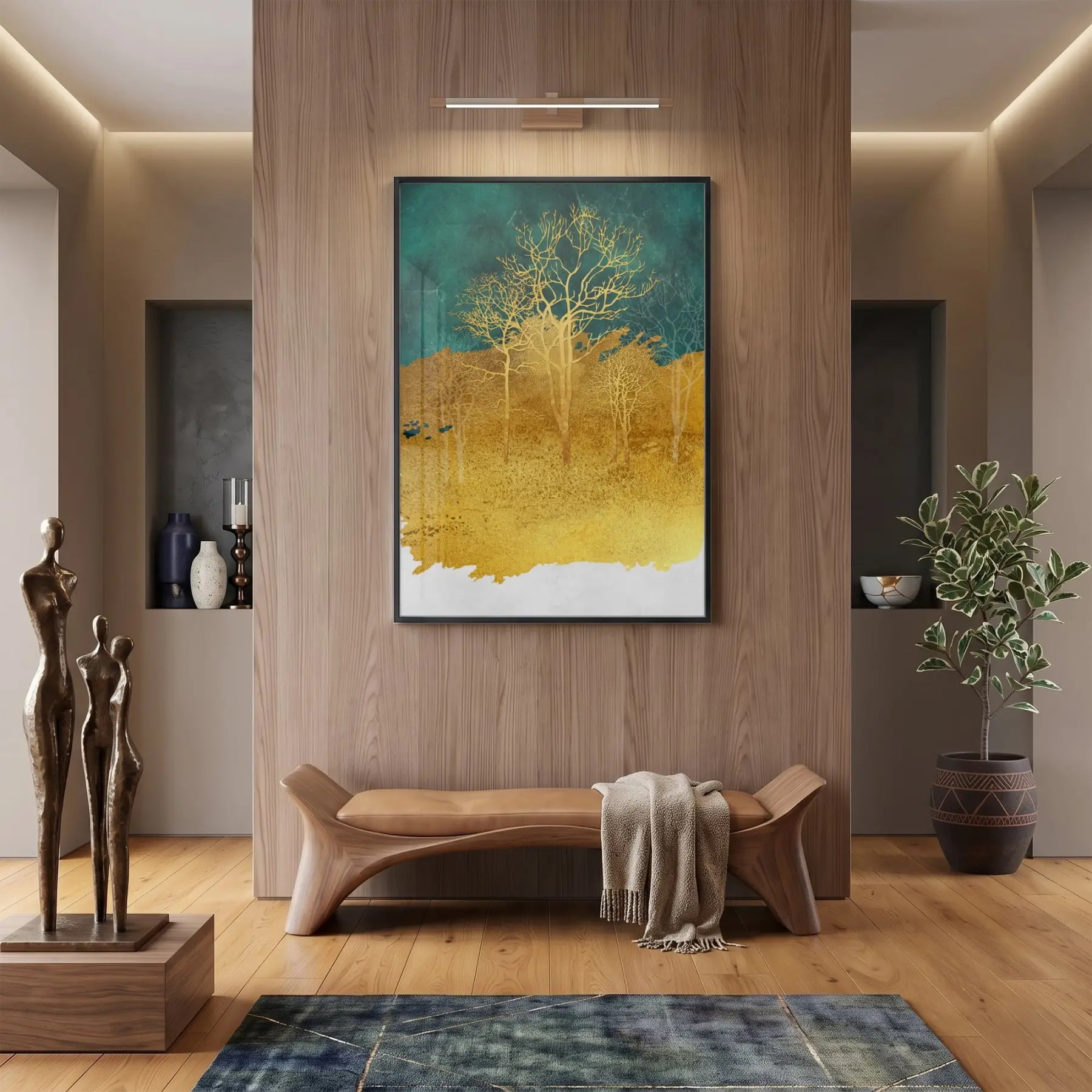 Soyut Ağaçlar Petrol Yeşili Altın Tekli Siyah Metal Çerçeveli Cam Tablo Poster Dekoratif