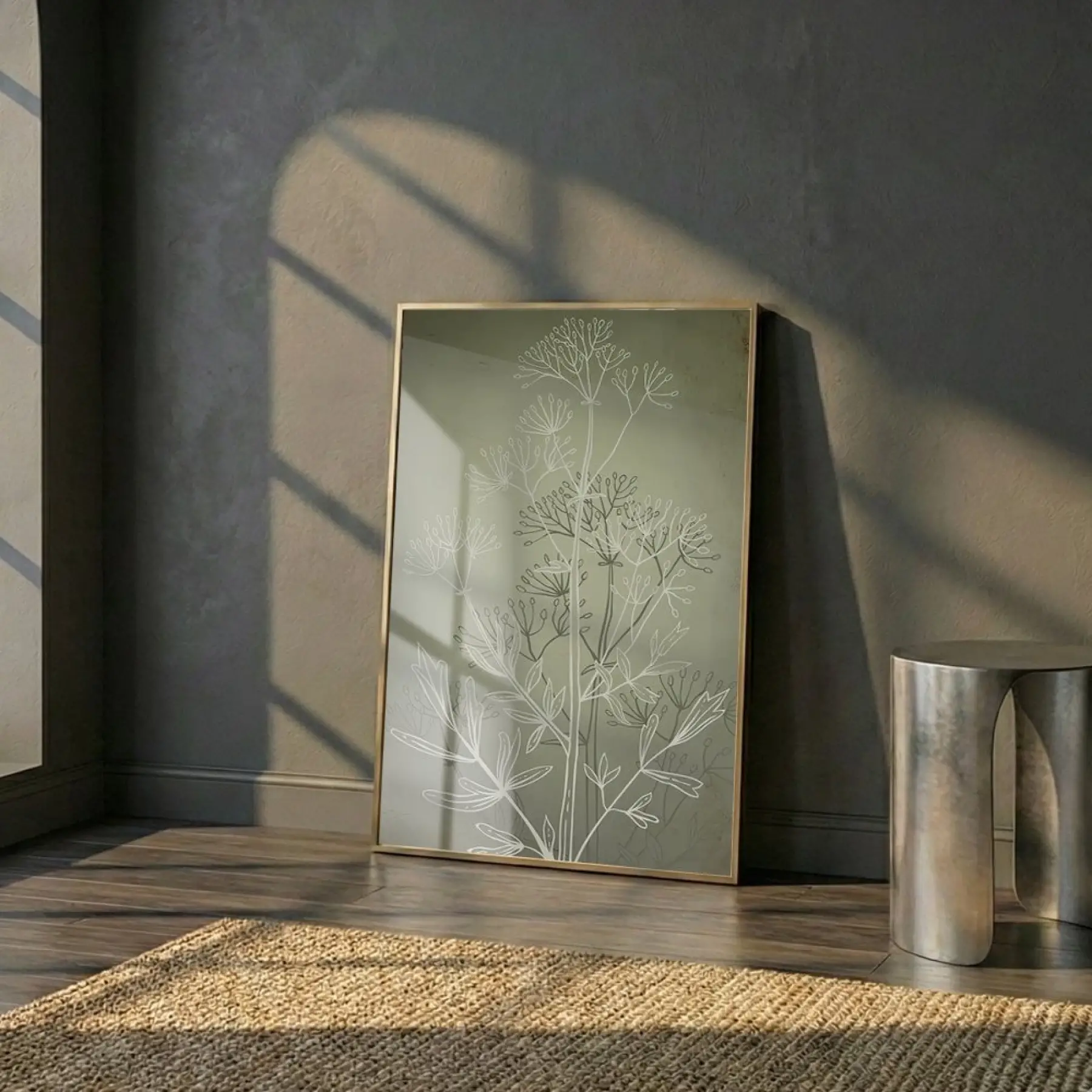 Bitkisel Desen Adaçayı Yeşili Tekli Gold Metal Çerçeveli Cam Tablo Poster Dekoratif Obje