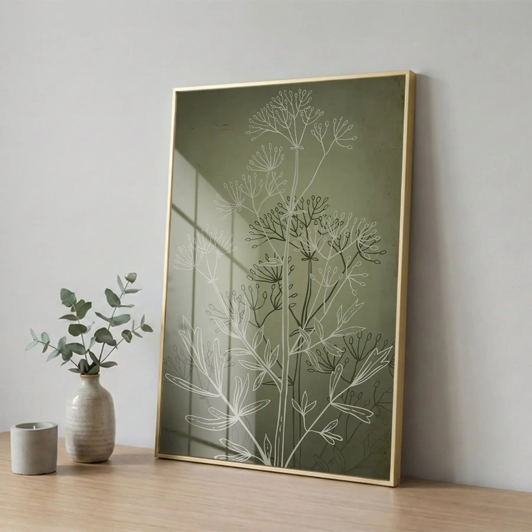Bitkisel Desen Adaçayı Yeşili Tekli Gold Metal Çerçeveli Cam Tablo Poster Dekoratif Obje