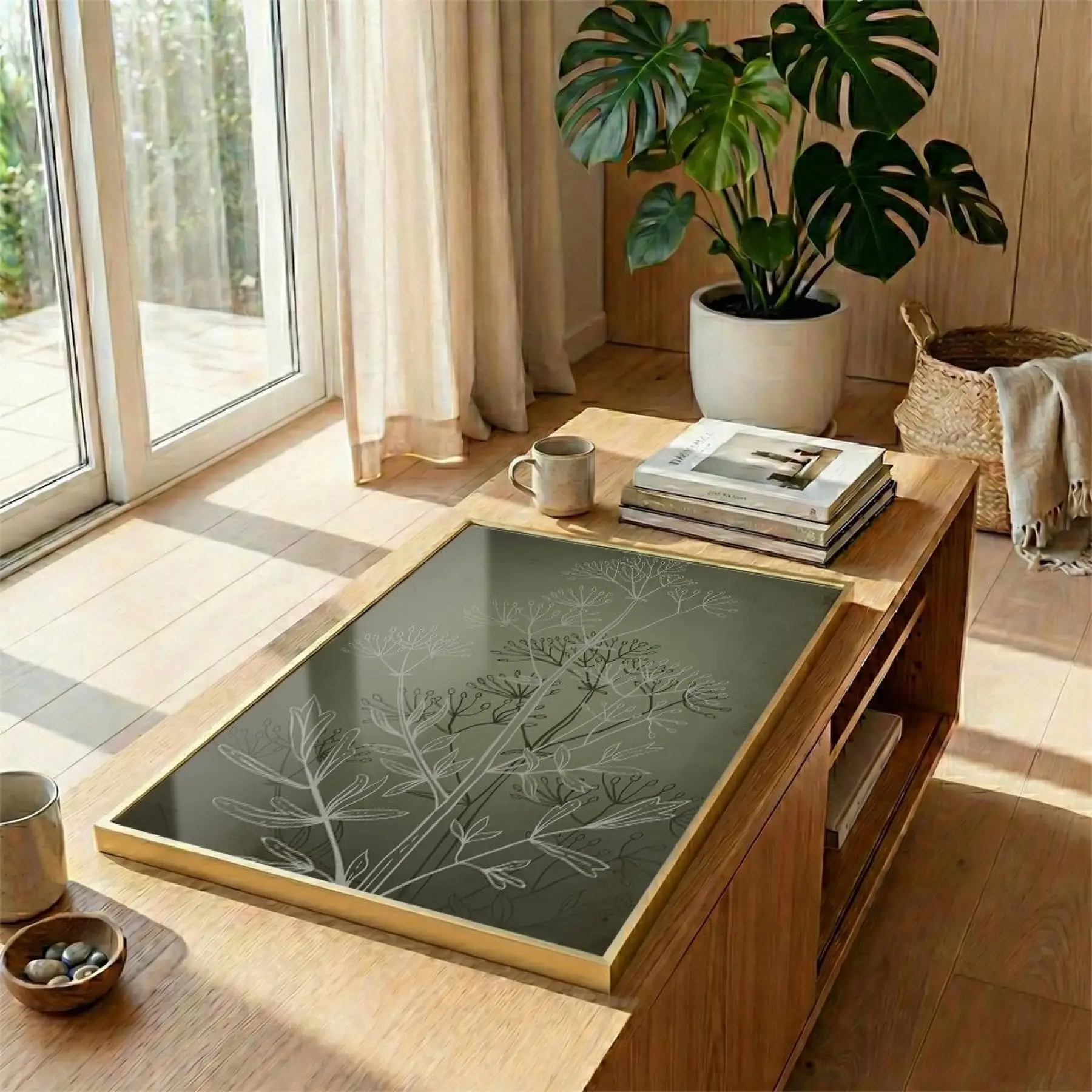 Bitkisel Desen Adaçayı Yeşili Tekli Gold Metal Çerçeveli Cam Tablo Poster Dekoratif Obje
