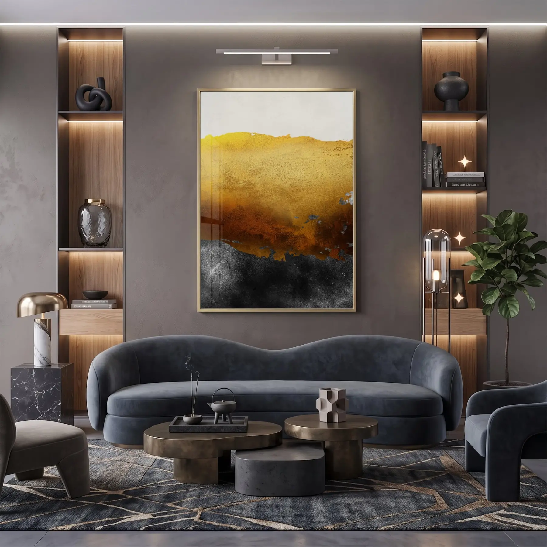 Soyut Manzara Altın Siyah Tonları Tekli Gold Metal Çerçeveli Cam Tablo Poster Dekoratif