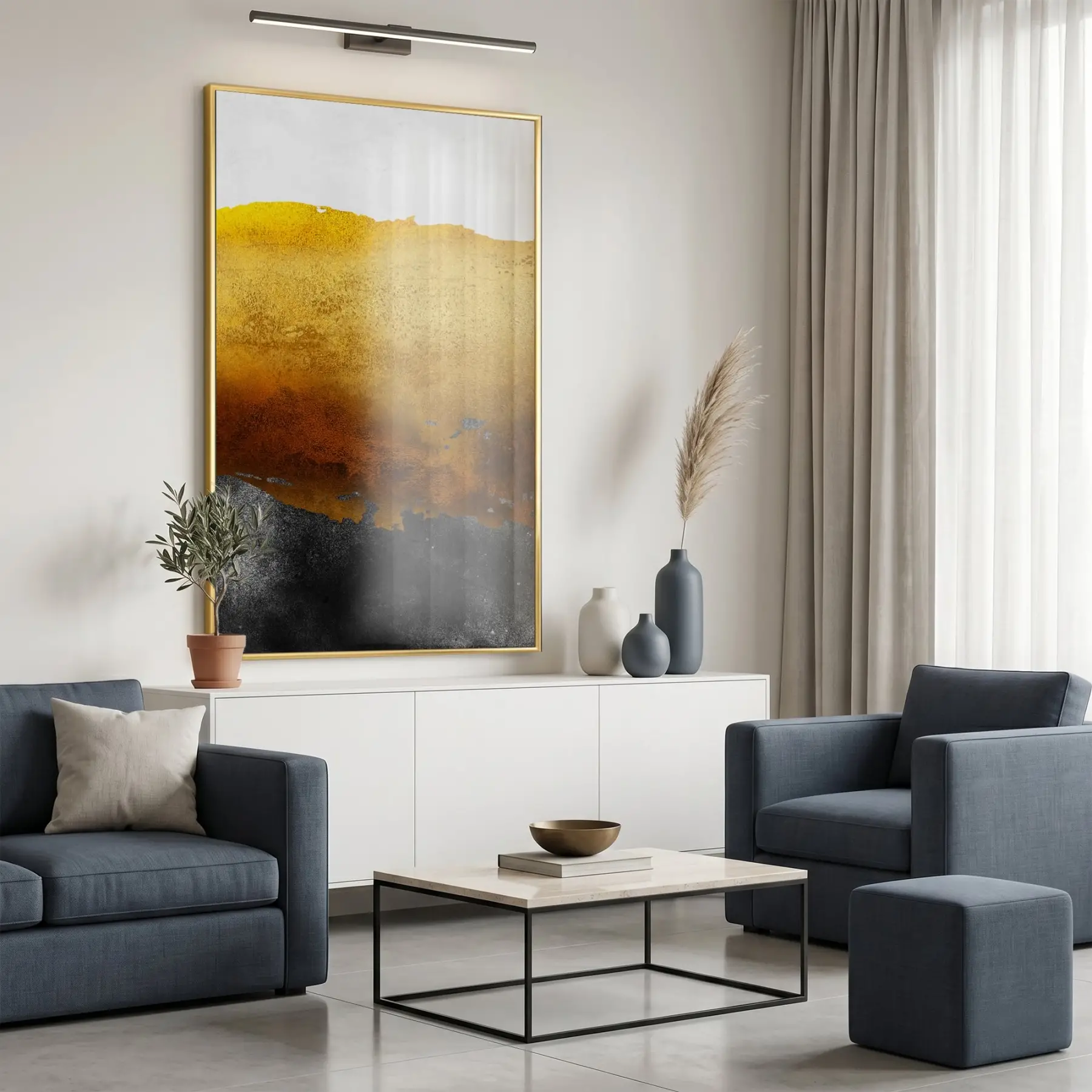 Soyut Manzara Altın Siyah Tonları Tekli Gold Metal Çerçeveli Cam Tablo Poster Dekoratif