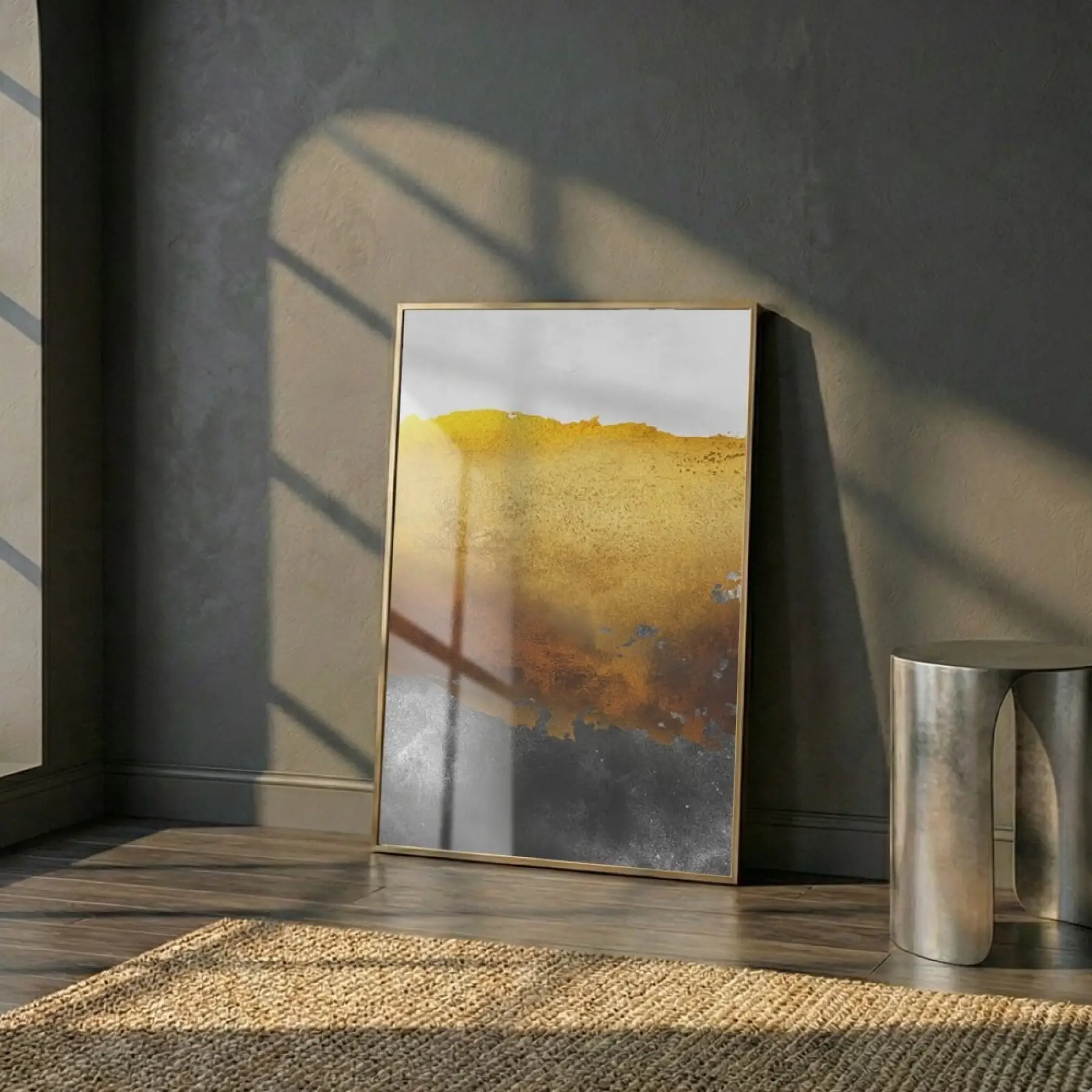 Soyut Manzara Altın Siyah Tonları Tekli Gold Metal Çerçeveli Cam Tablo Poster Dekoratif