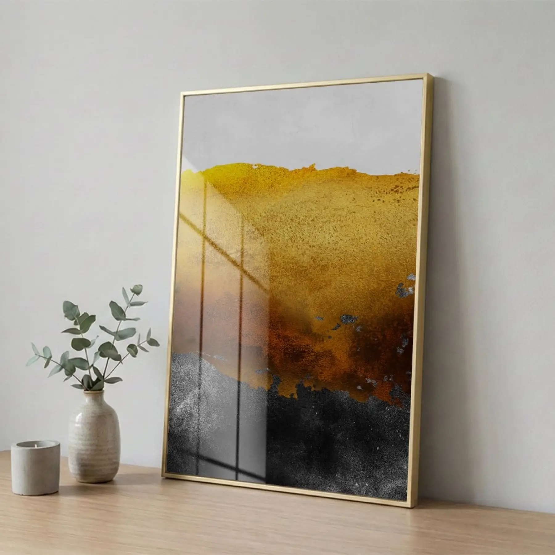 Soyut Manzara Altın Siyah Tonları Tekli Gold Metal Çerçeveli Cam Tablo Poster Dekoratif