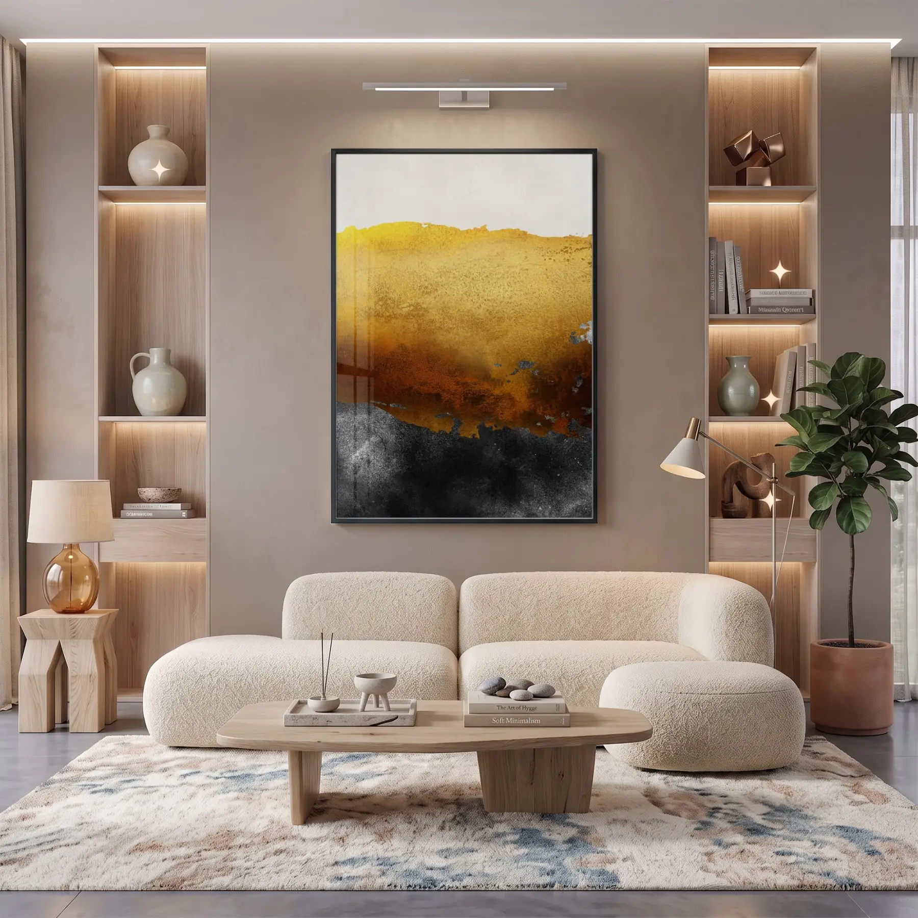 Soyut Manzara Altın Siyah Tonları Tekli Metal Çerçeveli Cam Tablo Poster Dekoratif Obje