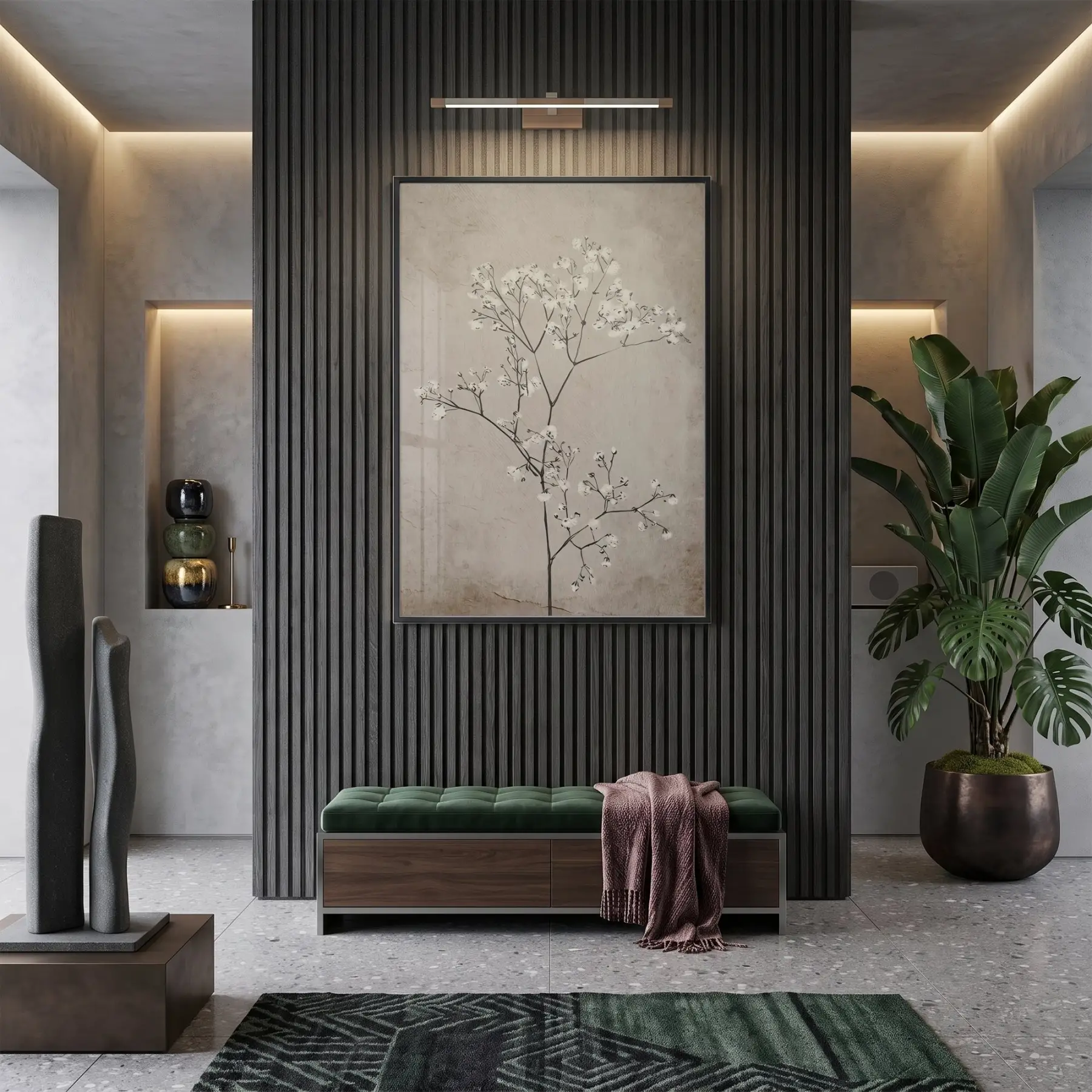 Çiçekli Dal Kum Beji Tonu Tekli Siyah Metal Çerçeveli Cam Tablo Duvar Salon