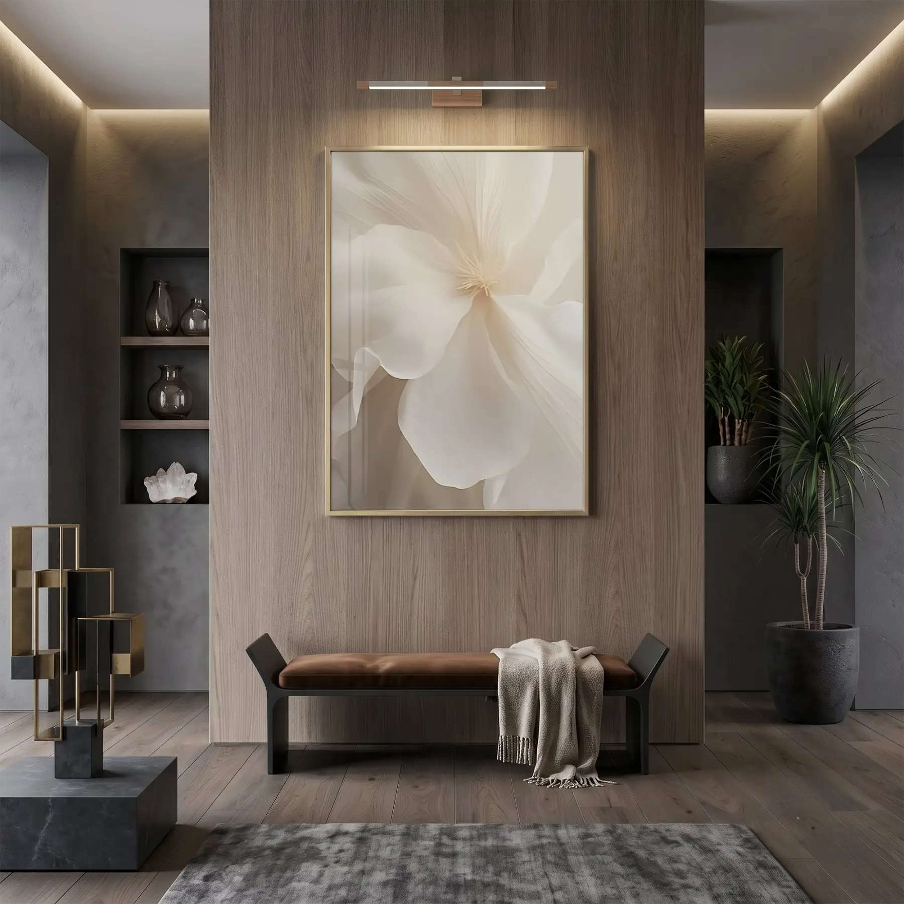 Yumuşak Çiçek Krem Bej Tonları Tekli Gold Metal Çerçeveli Cam Tablo Salon Oturma
