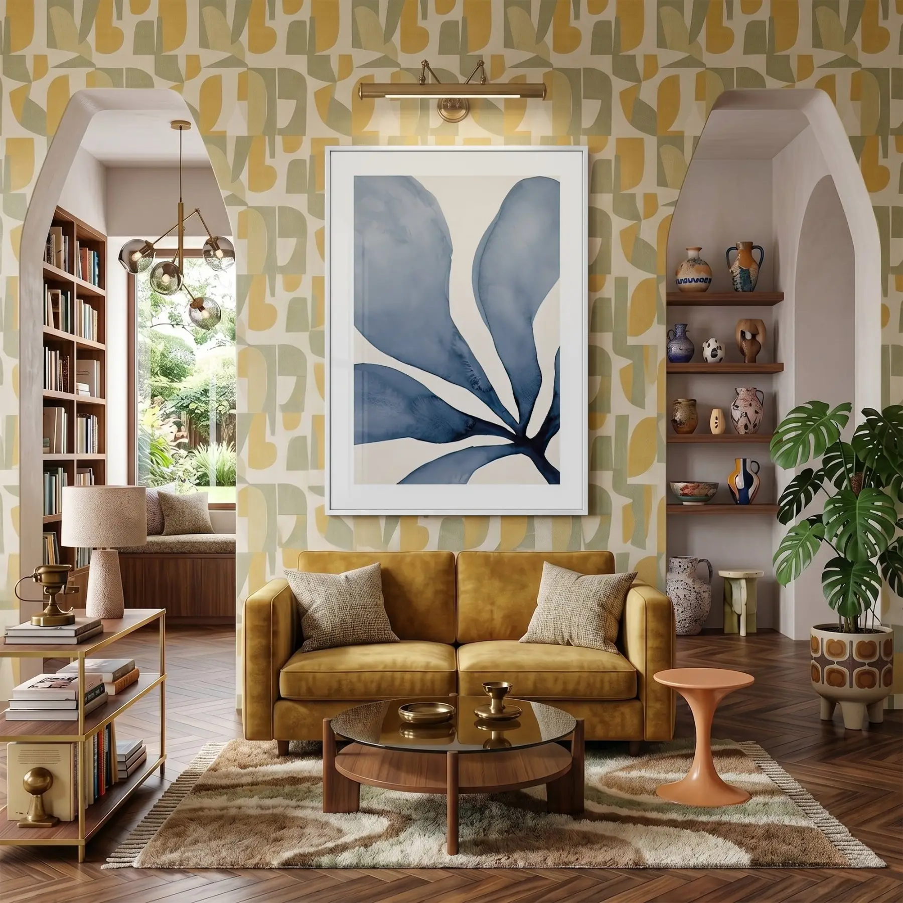Soyut Yaprak Derin Mavi Tonları Tekli Beyaz Metal Çerçeveli Cam Tablo Ev Dekorasyonu