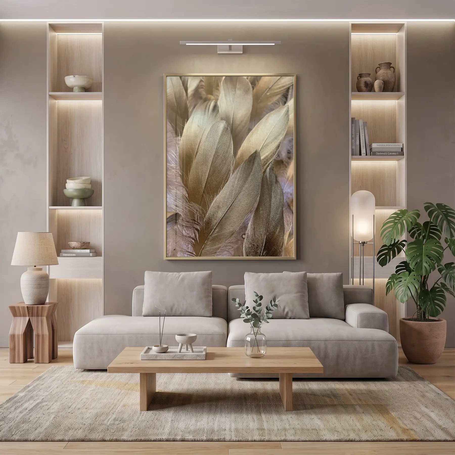Tüy Desen Sıcak Altın Bej Tekli Gold Metal Çerçeveli Cam Tablo Poster Dekoratif