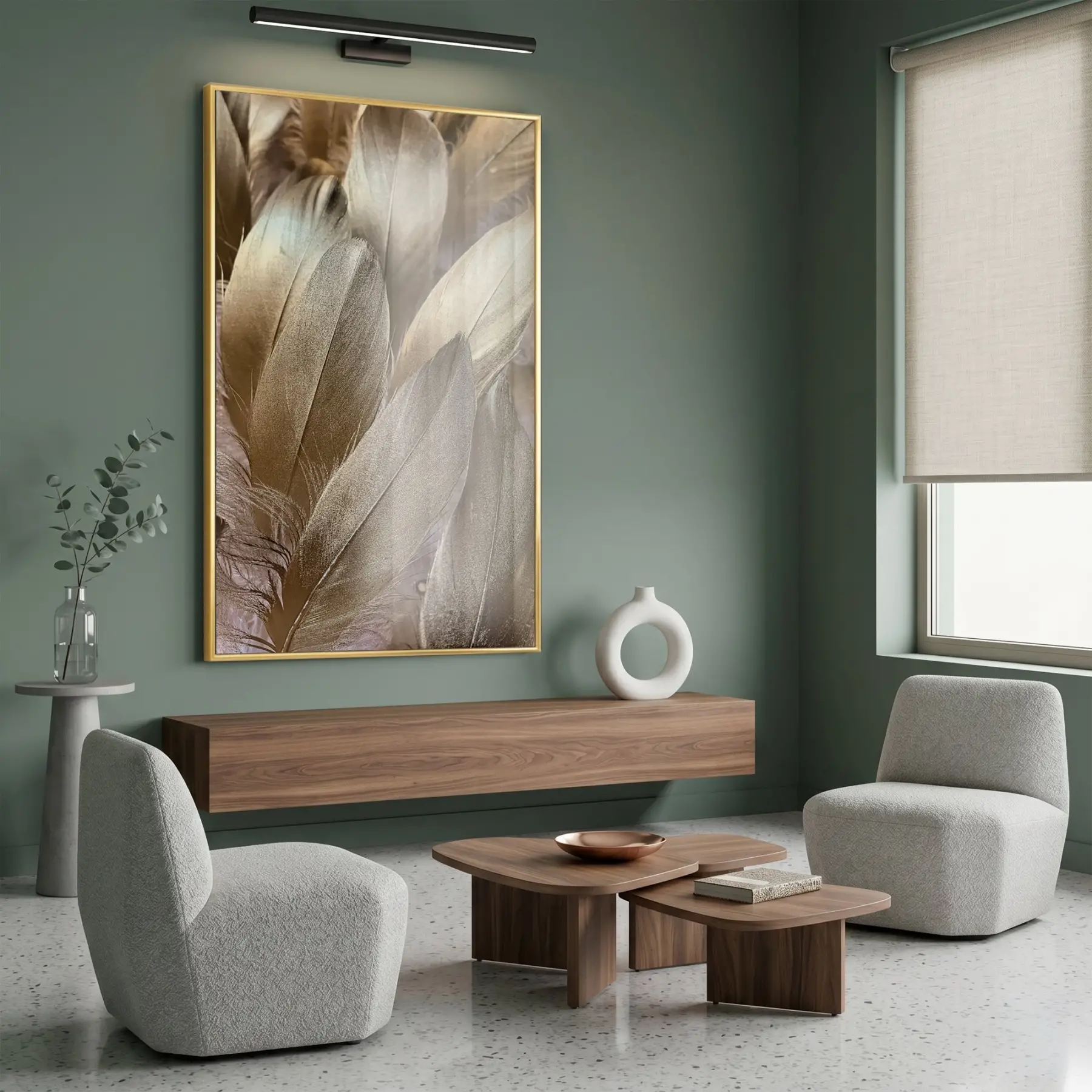 Tüy Desen Sıcak Altın Bej Tekli Gold Metal Çerçeveli Cam Tablo Poster Dekoratif