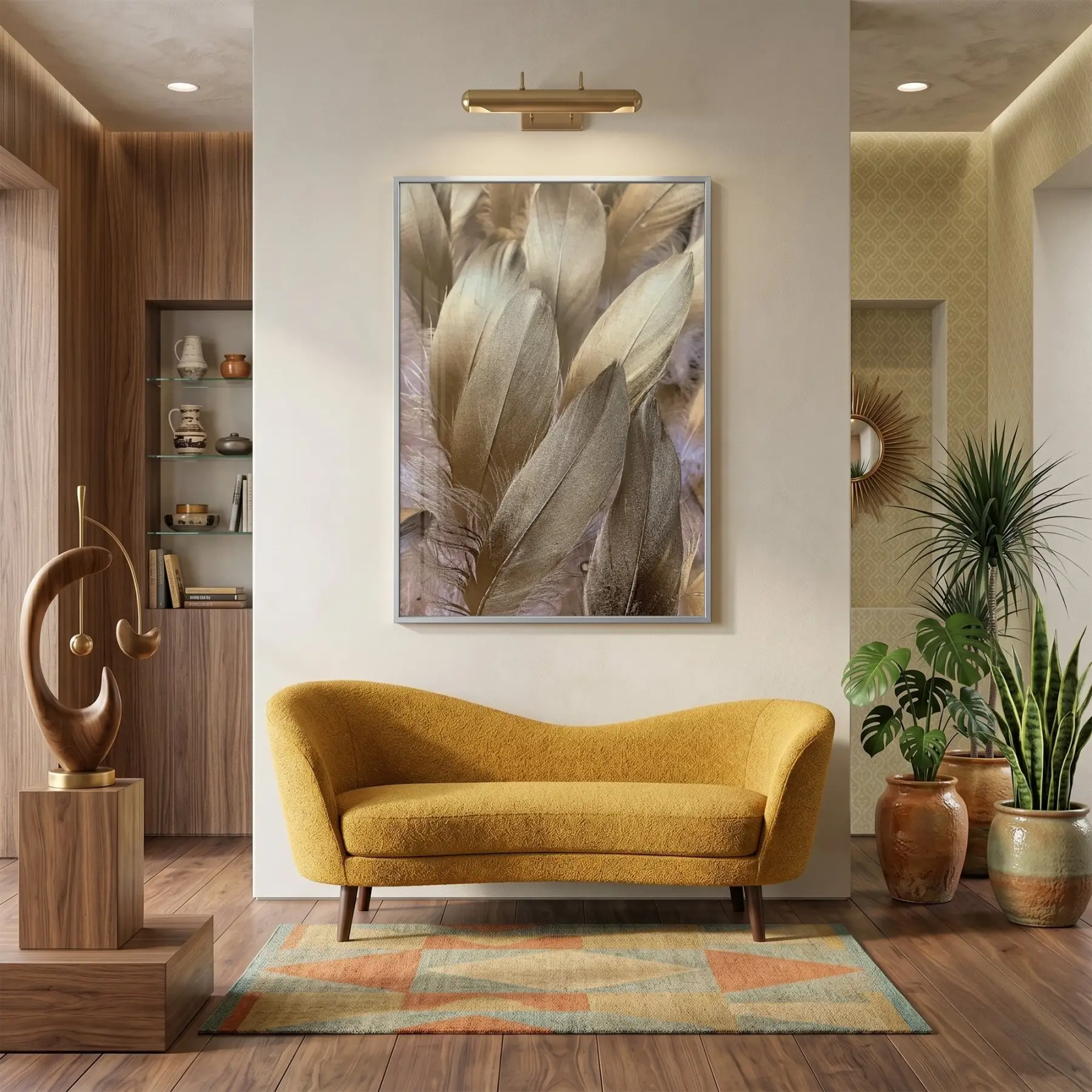 Tüy Desen Sıcak Altın Bej Tekli Gümüş Metal Çerçeveli Cam Tablo Duvar Salon