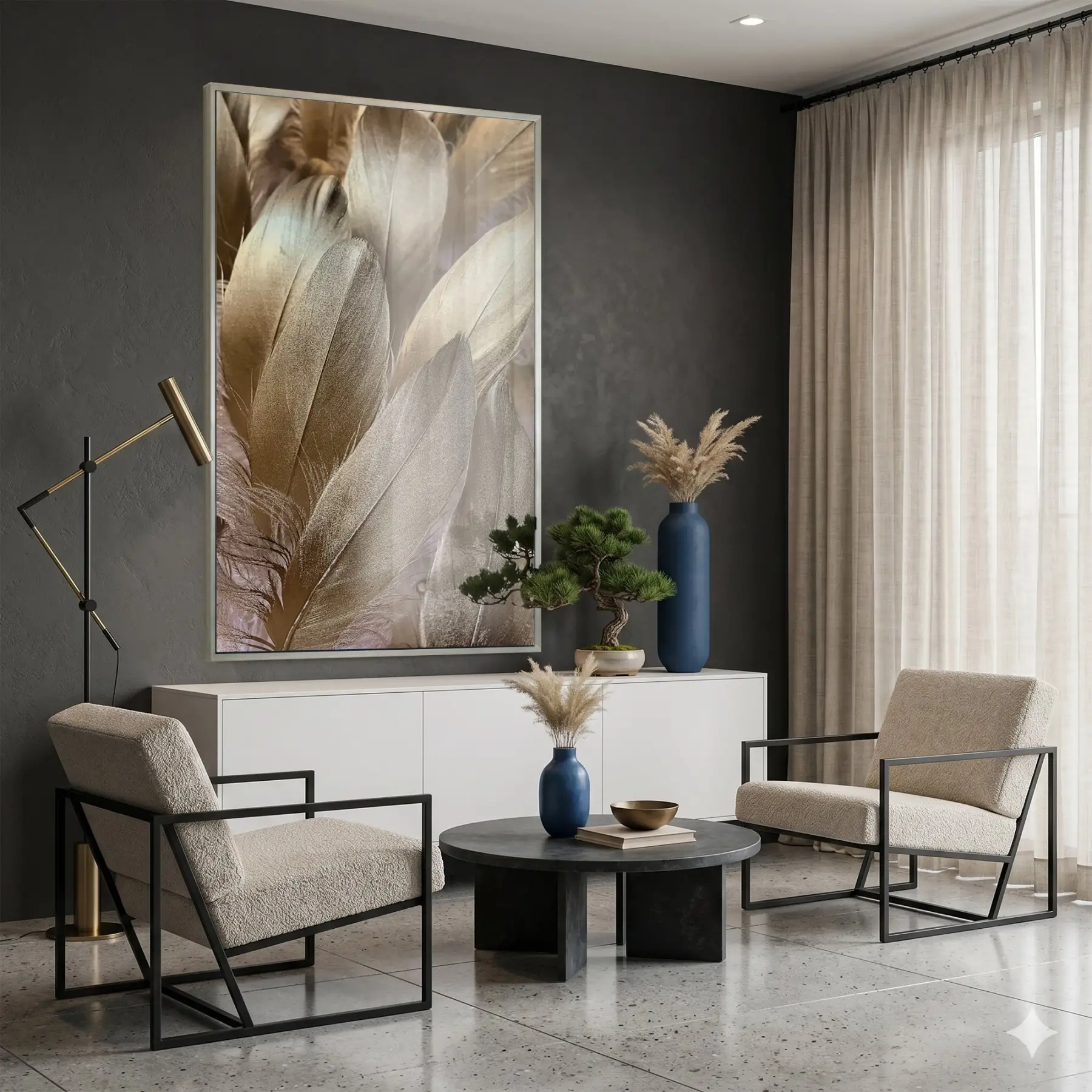 Tüy Desen Sıcak Altın Bej Tekli Gümüş Metal Çerçeveli Cam Tablo Duvar Salon