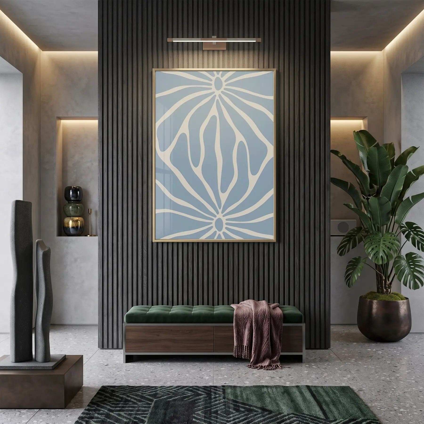 Soyut Çiçek Pastel Mavi Ton Tekli Gold Metal Çerçeveli Cam Tablo Duvar Salon
