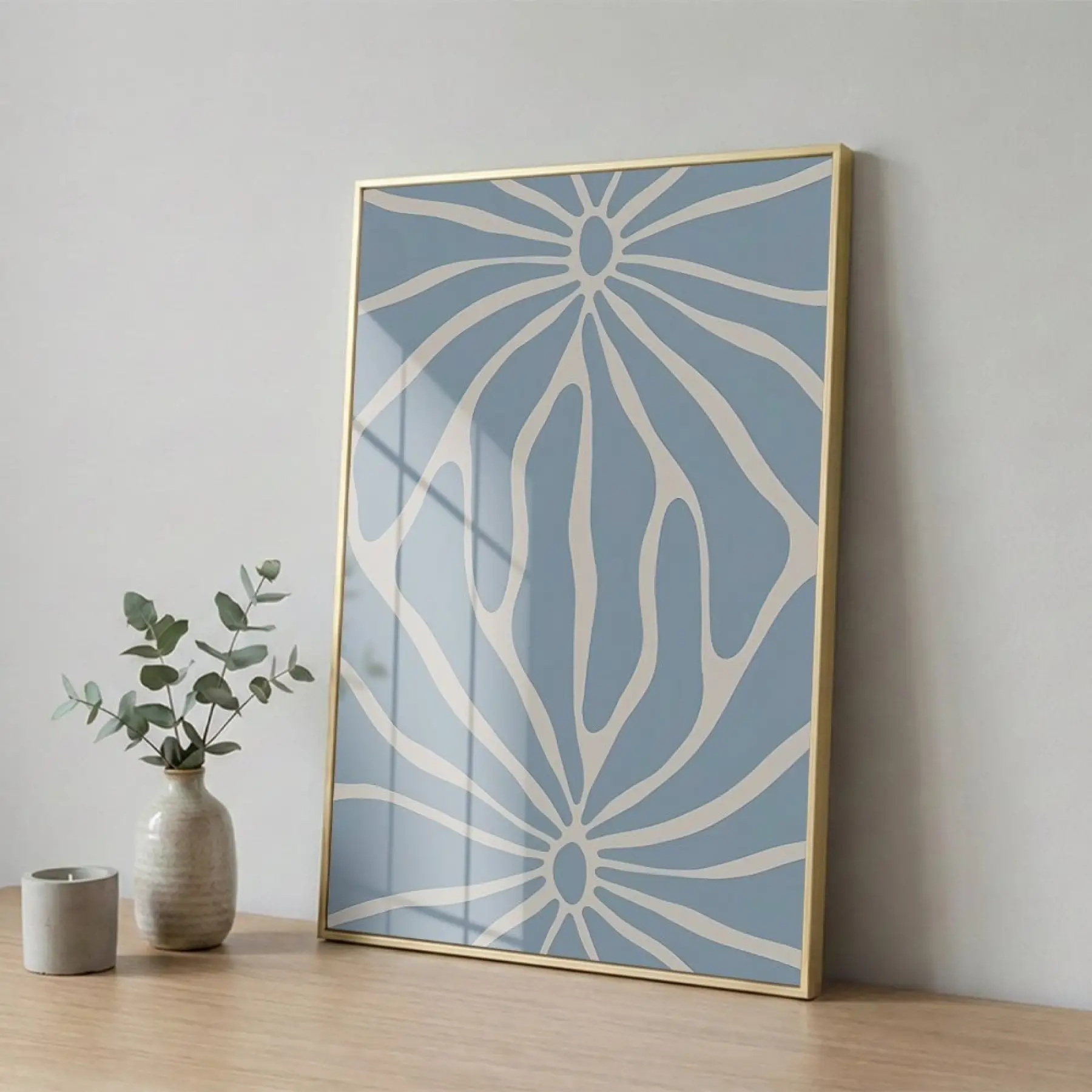 Soyut Çiçek Pastel Mavi Ton Tekli Gold Metal Çerçeveli Cam Tablo Duvar Salon
