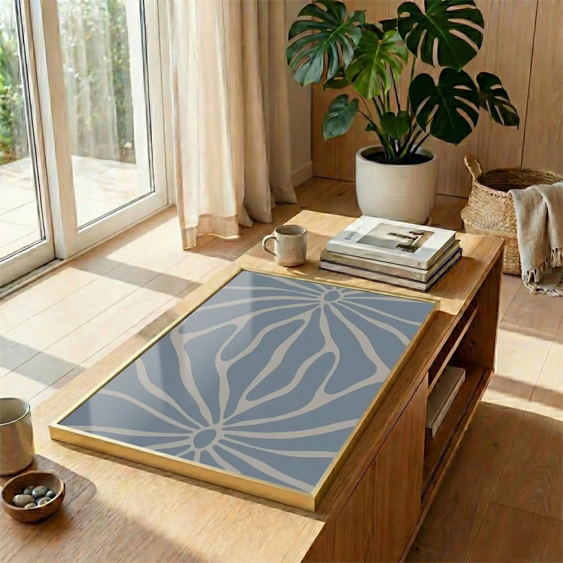 Soyut Çiçek Pastel Mavi Ton Tekli Gold Metal Çerçeveli Cam Tablo Duvar Salon