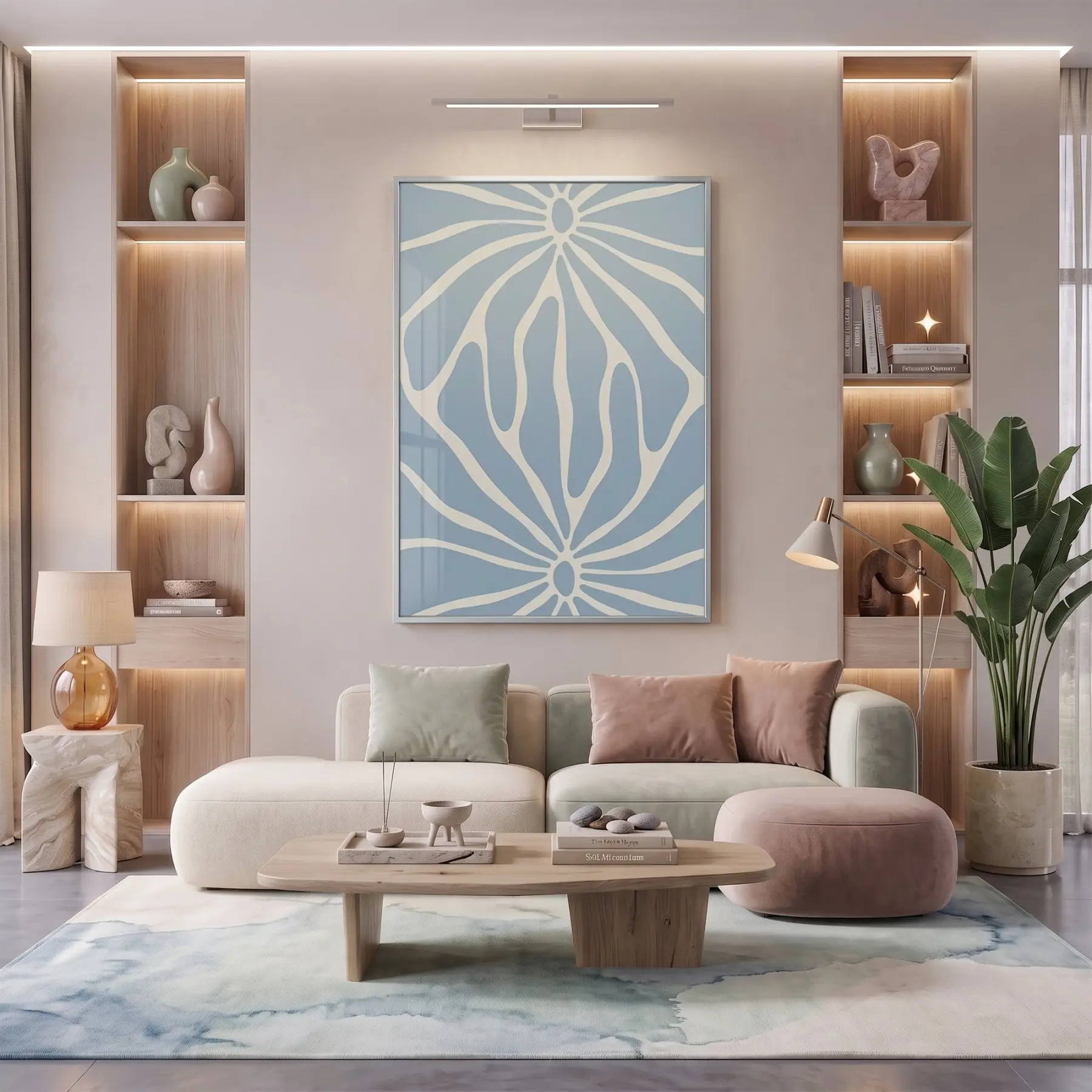 Soyut Çiçek Pastel Mavi Ton Tekli Gümüş Metal Çerçeveli Cam Tablo Duvar Salon