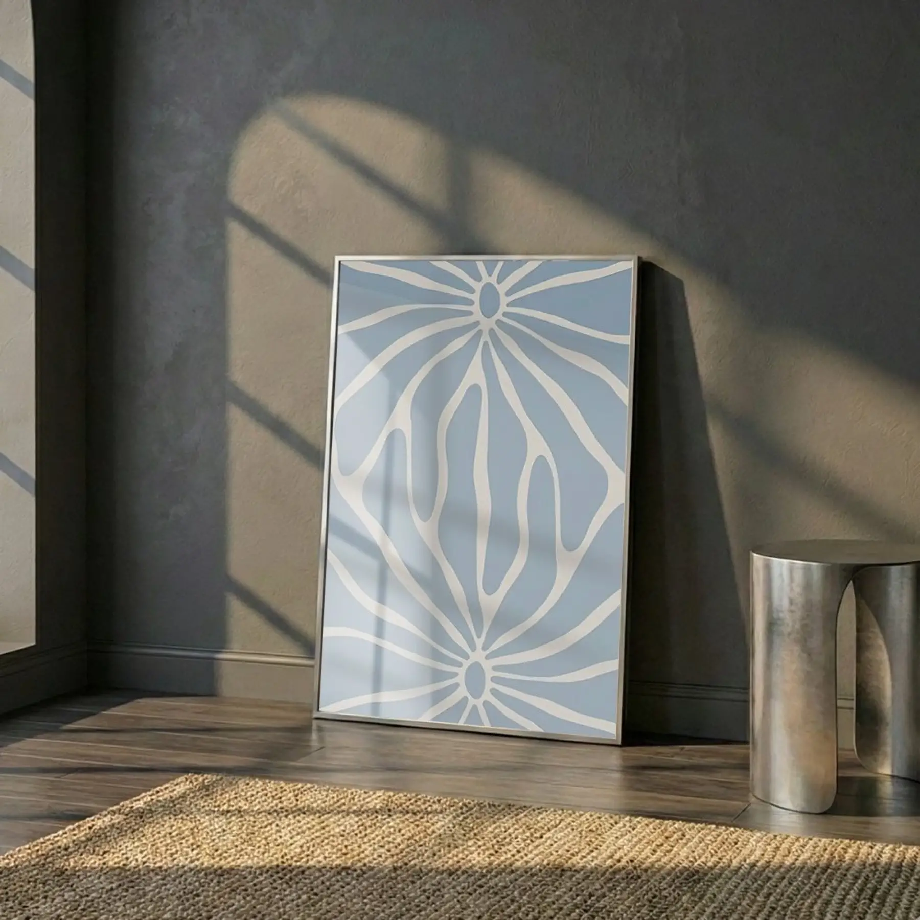 Soyut Çiçek Pastel Mavi Ton Tekli Gümüş Metal Çerçeveli Cam Tablo Duvar Salon