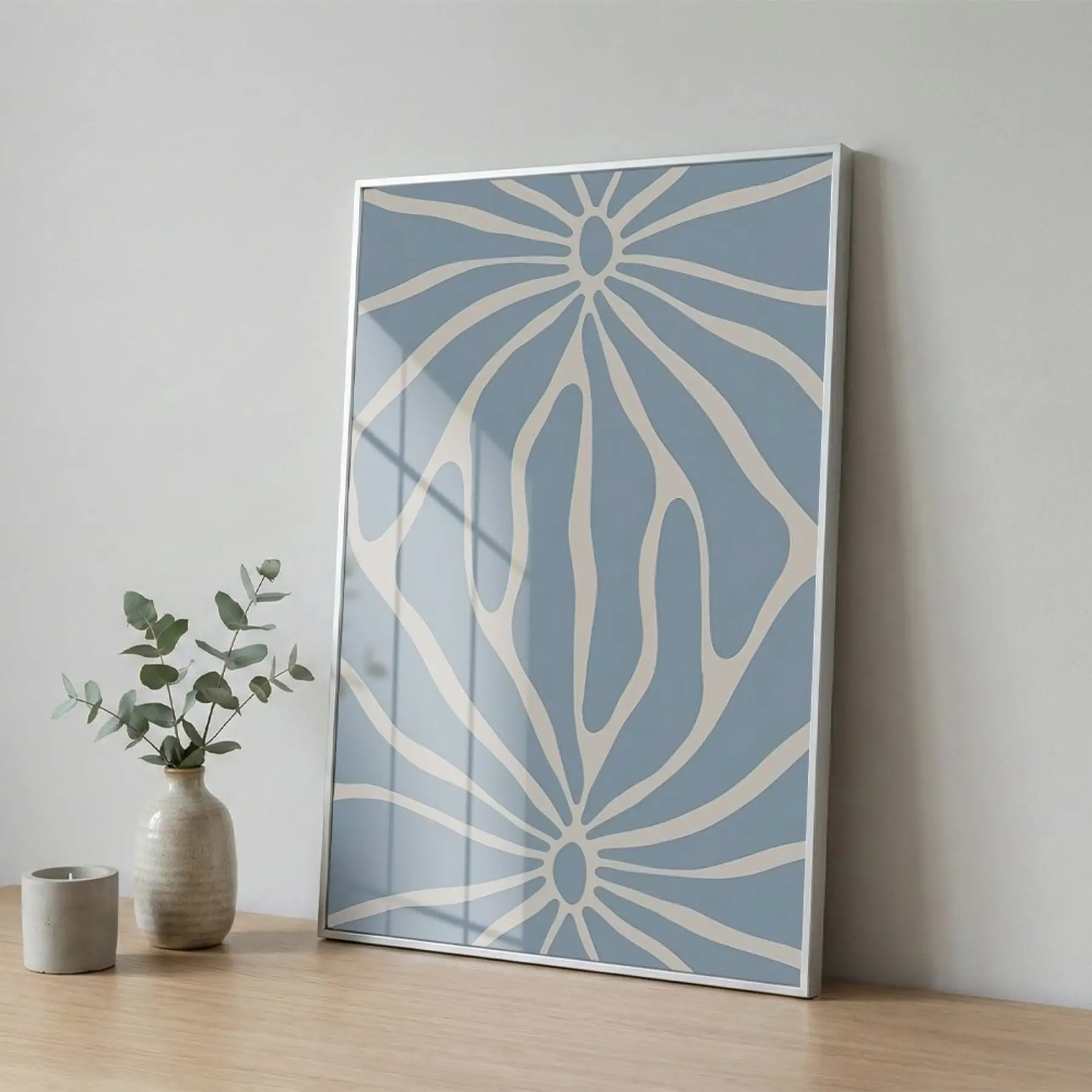 Soyut Çiçek Pastel Mavi Ton Tekli Gümüş Metal Çerçeveli Cam Tablo Duvar Salon