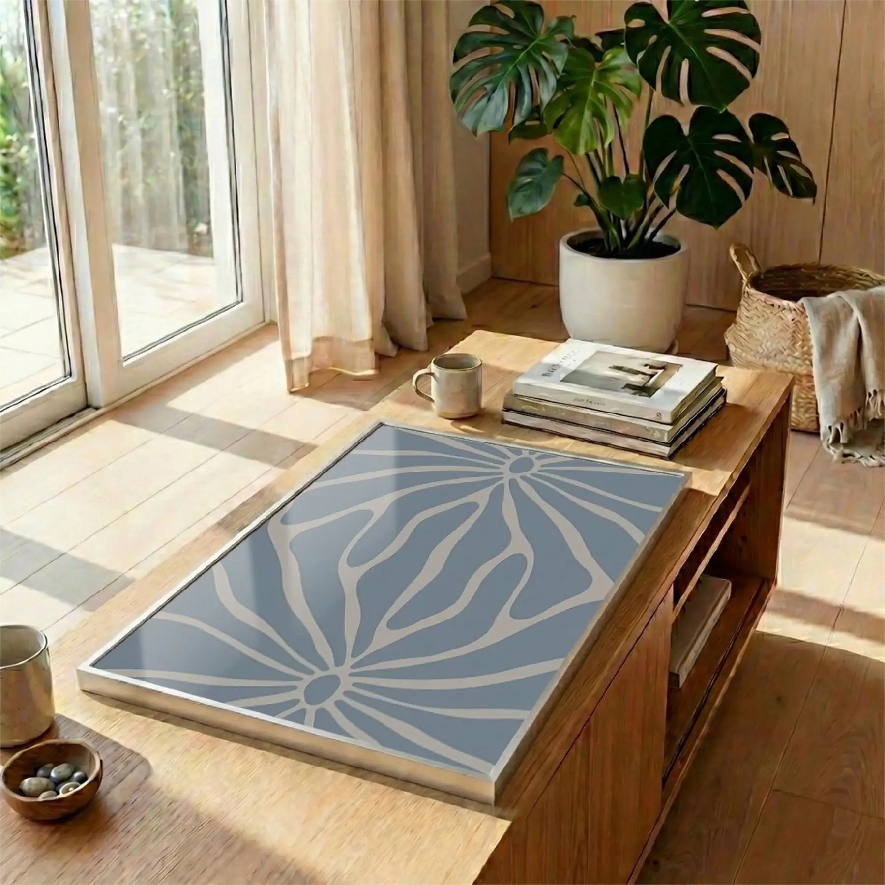 Soyut Çiçek Pastel Mavi Ton Tekli Gümüş Metal Çerçeveli Cam Tablo Duvar Salon