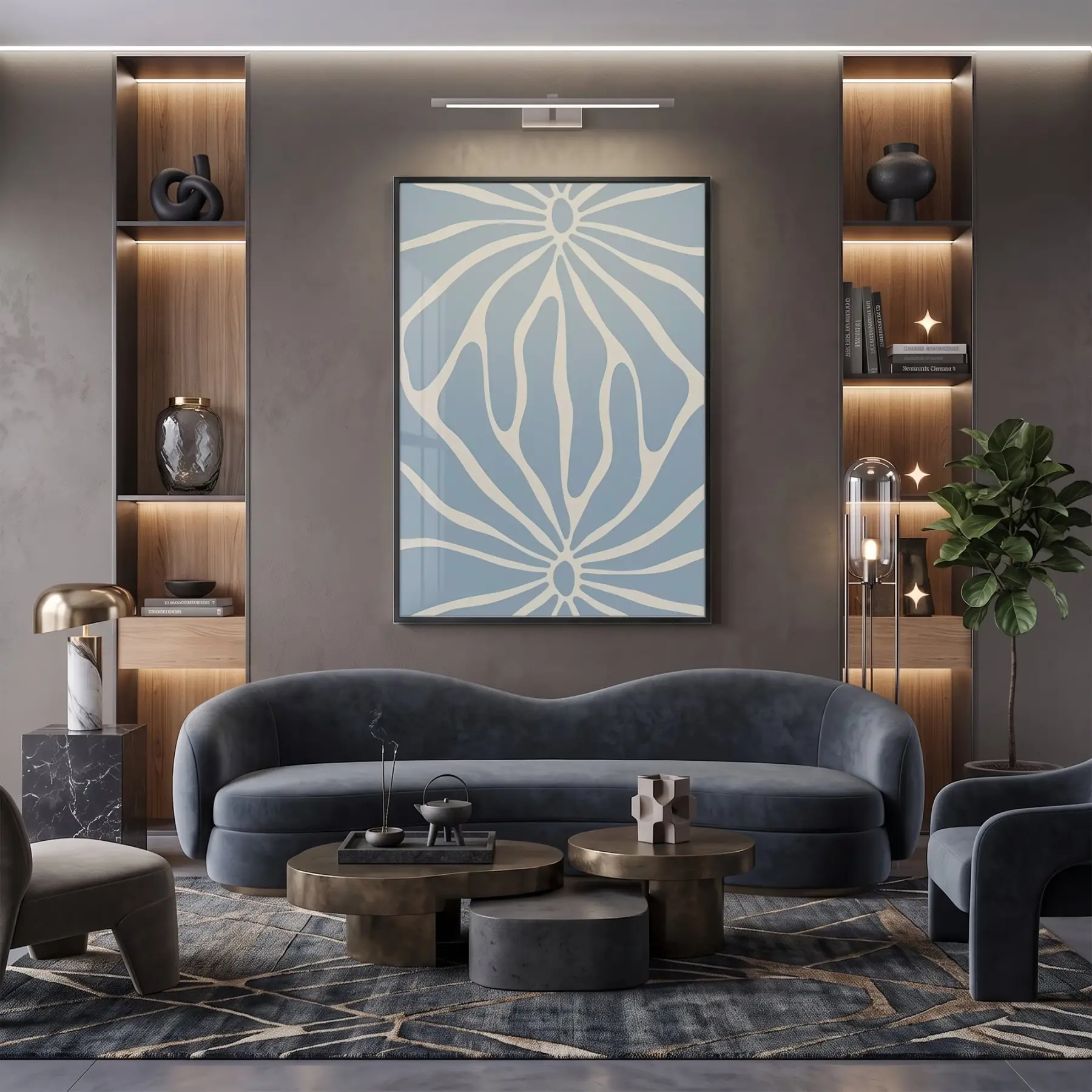 Soyut Çiçek Pastel Mavi Ton Tekli Siyah Metal Çerçeveli Cam Tablo Poster Dekoratif