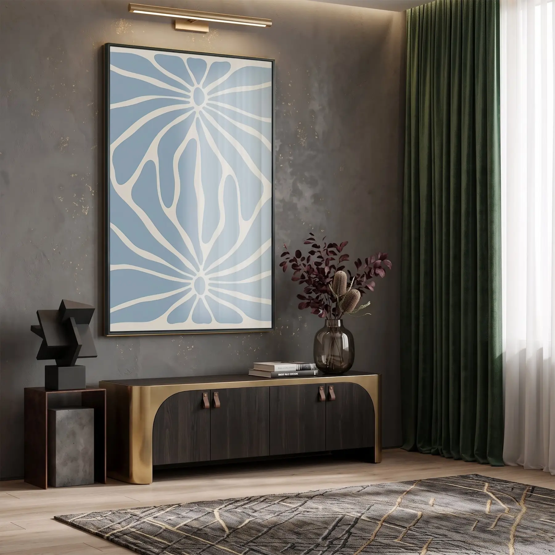Soyut Çiçek Pastel Mavi Ton Tekli Siyah Metal Çerçeveli Cam Tablo Poster Dekoratif