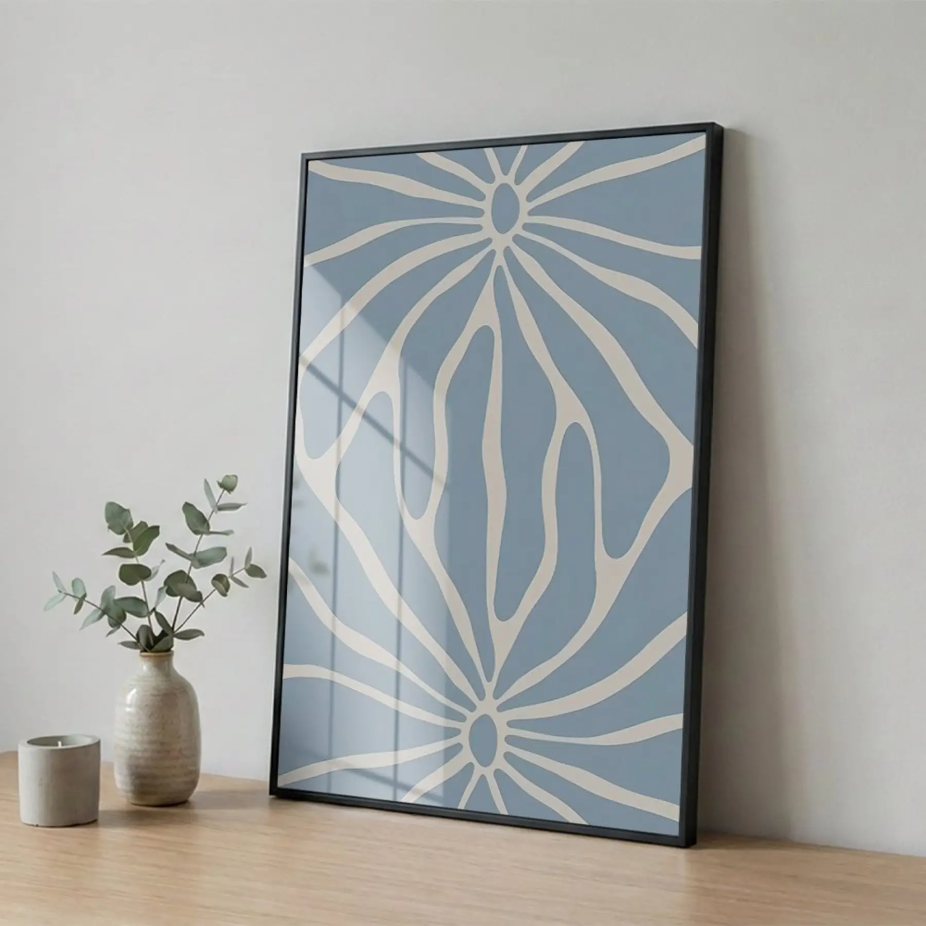 Soyut Çiçek Pastel Mavi Ton Tekli Siyah Metal Çerçeveli Cam Tablo Poster Dekoratif