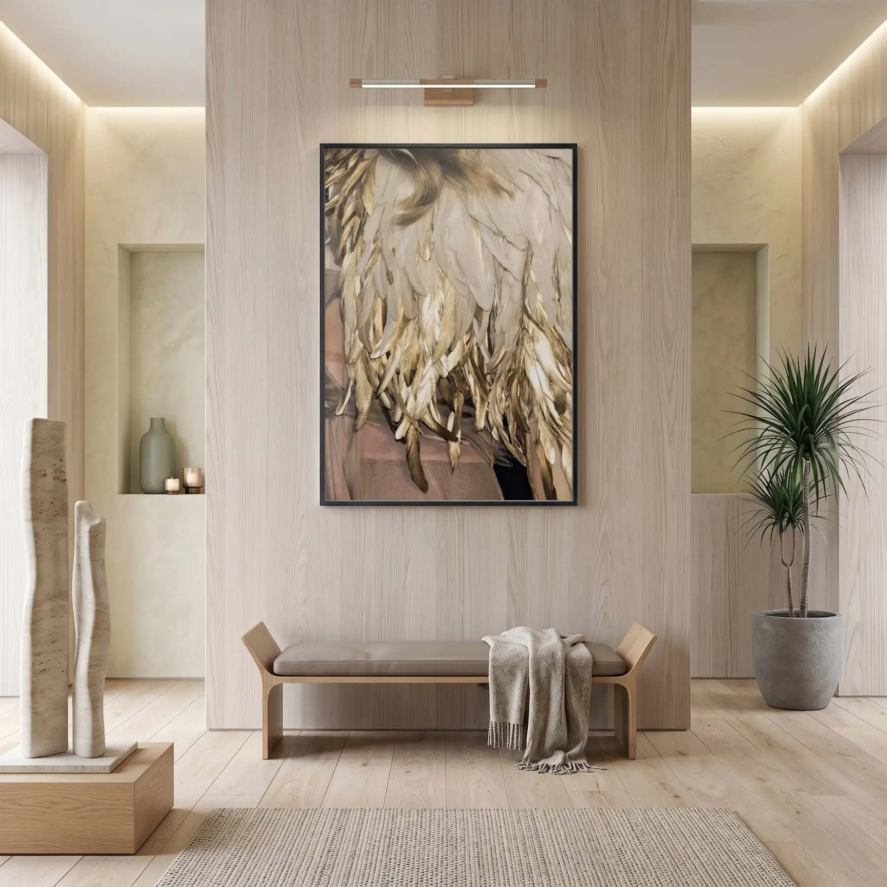 Tüy Dokusu Altın Bej Tonları Tekli Siyah Metal Çerçeveli Cam Tablo Duvar Salon