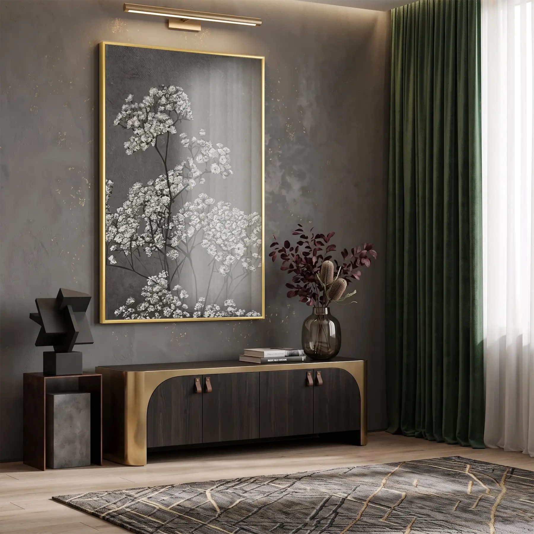 Narin Çiçekler Monokrom Gri Ton Tekli Gold Metal Çerçeveli Cam Tablo Poster Dekoratif