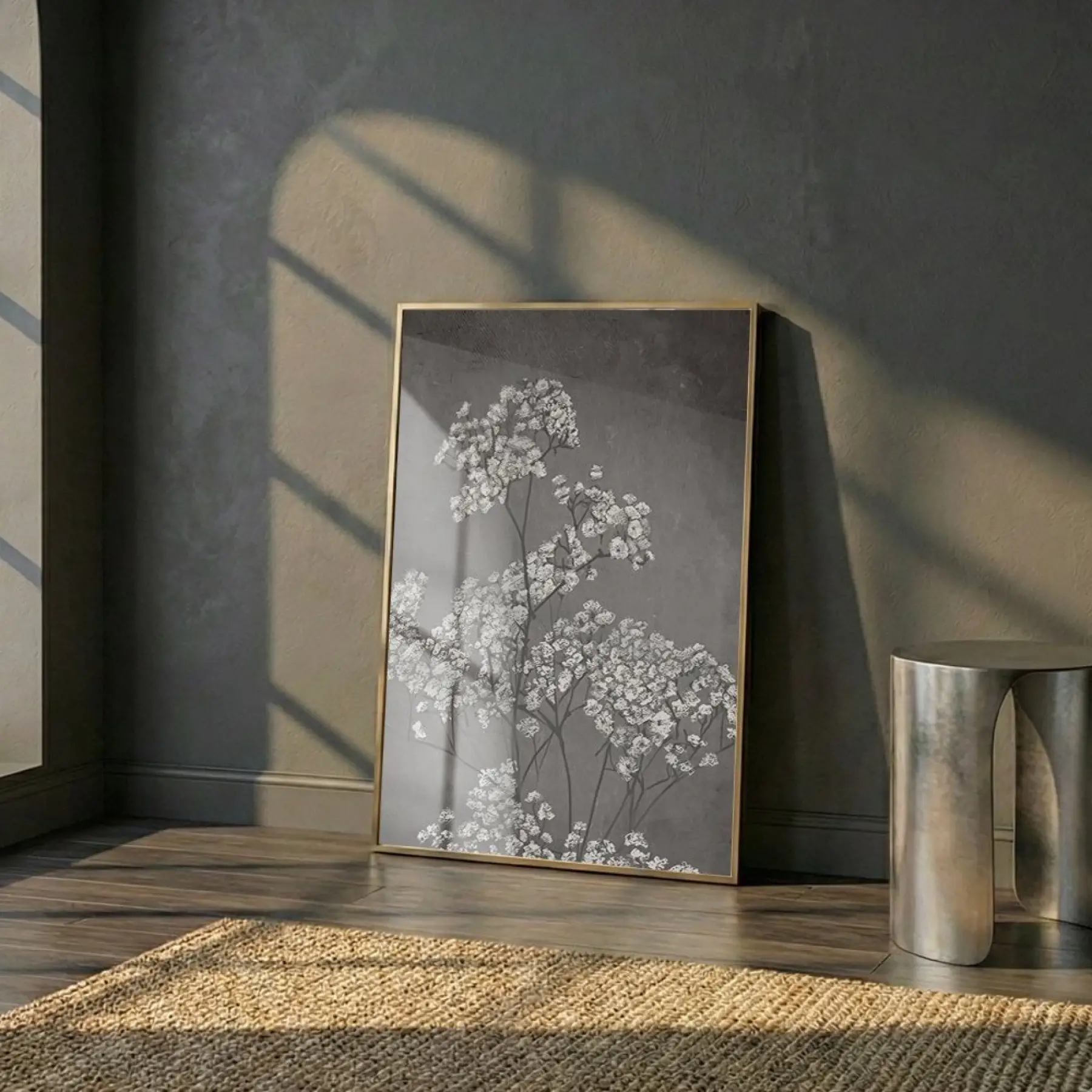 Narin Çiçekler Monokrom Gri Ton Tekli Gold Metal Çerçeveli Cam Tablo Poster Dekoratif