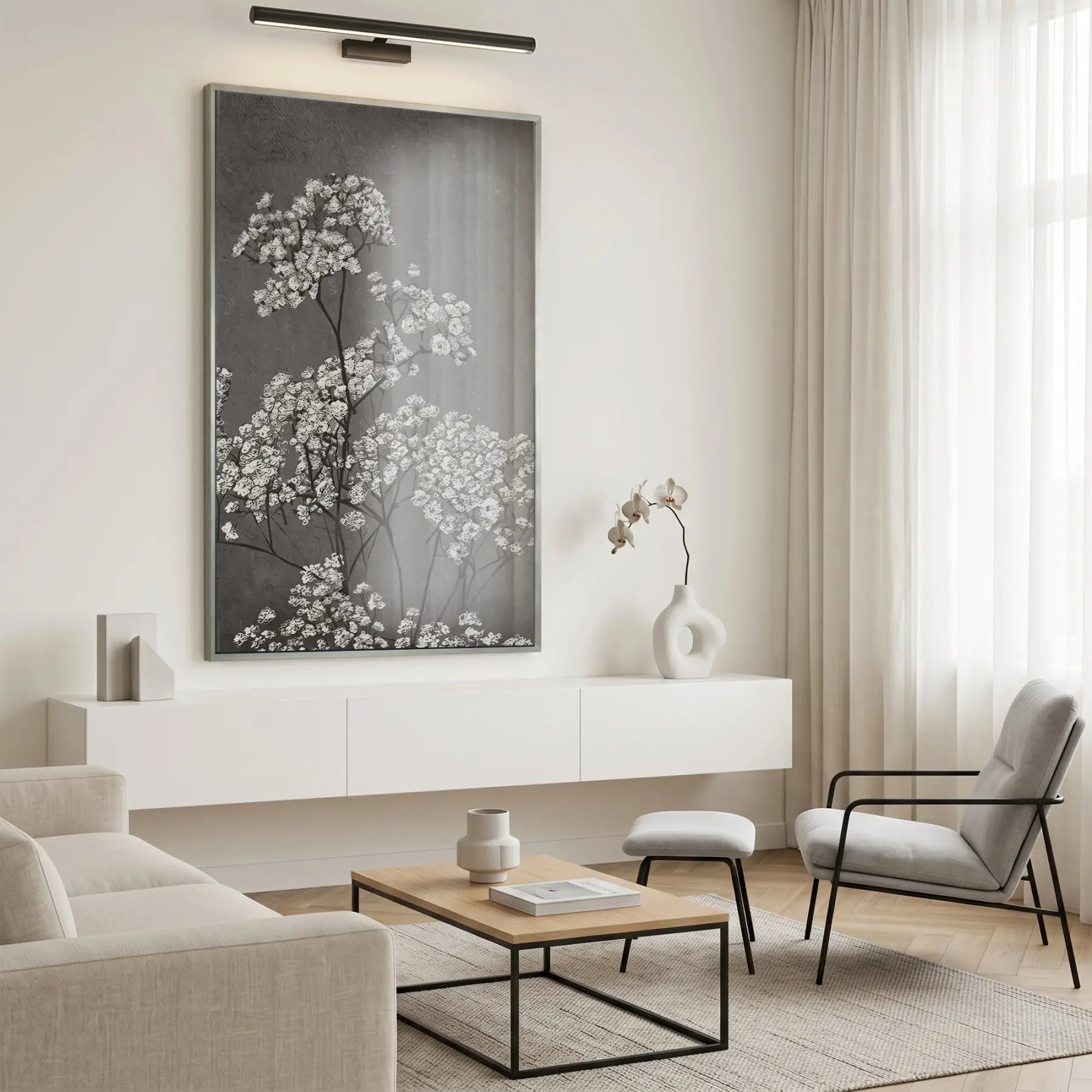 Narin Çiçekler Monokrom Gri Ton Tekli Gümüş Metal Çerçeveli Cam Tablo Salon Oturma