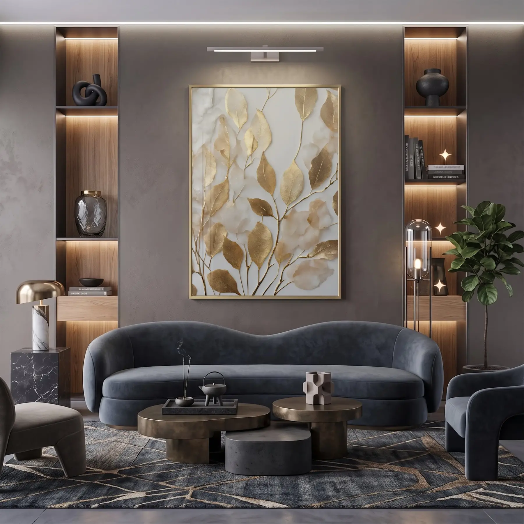 Altın Yapraklar Sıcak Tonları Tekli Gold Metal Çerçeveli Cam Tablo Duvar Salon Aksesuarları
