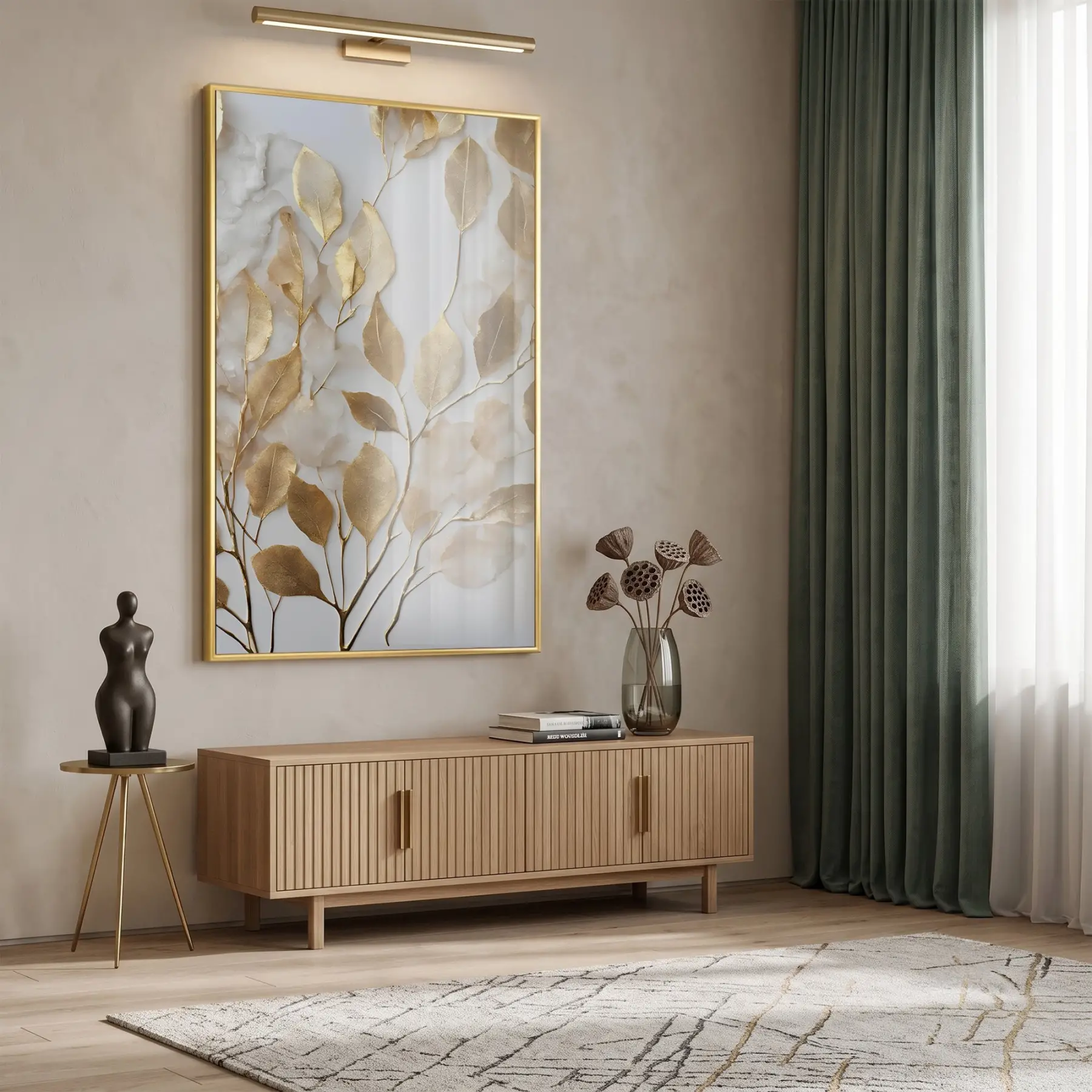 Altın Yapraklar Sıcak Tonları Tekli Gold Metal Çerçeveli Cam Tablo Duvar Salon Aksesuarları