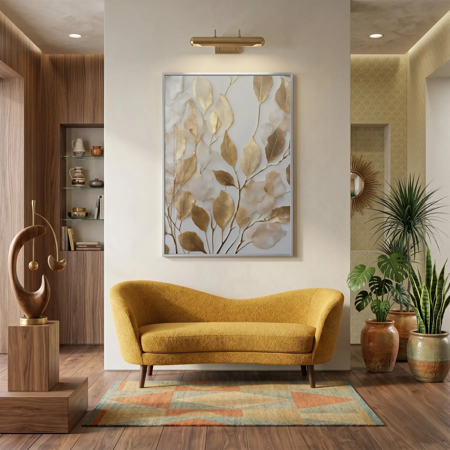 Altın Yapraklar Sıcak Tonları Tekli Gümüş Metal Çerçeveli Cam Tablo Duvar Salon Aksesuarları