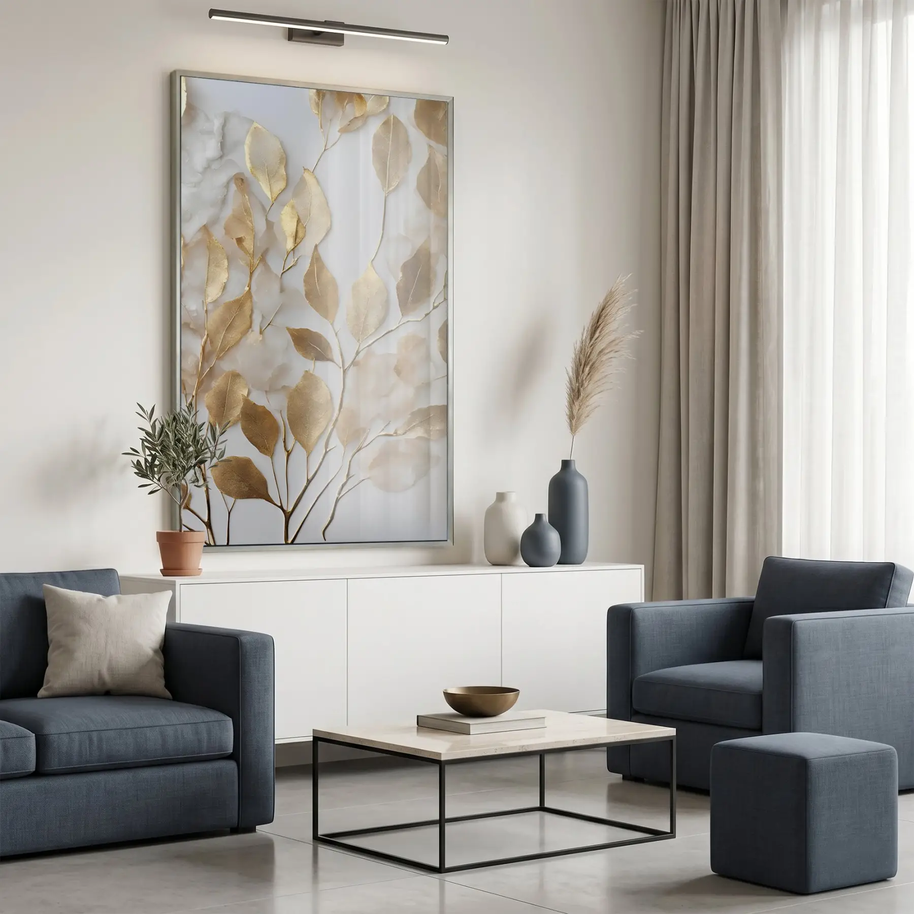 Altın Yapraklar Sıcak Tonları Tekli Gümüş Metal Çerçeveli Cam Tablo Duvar Salon Aksesuarları
