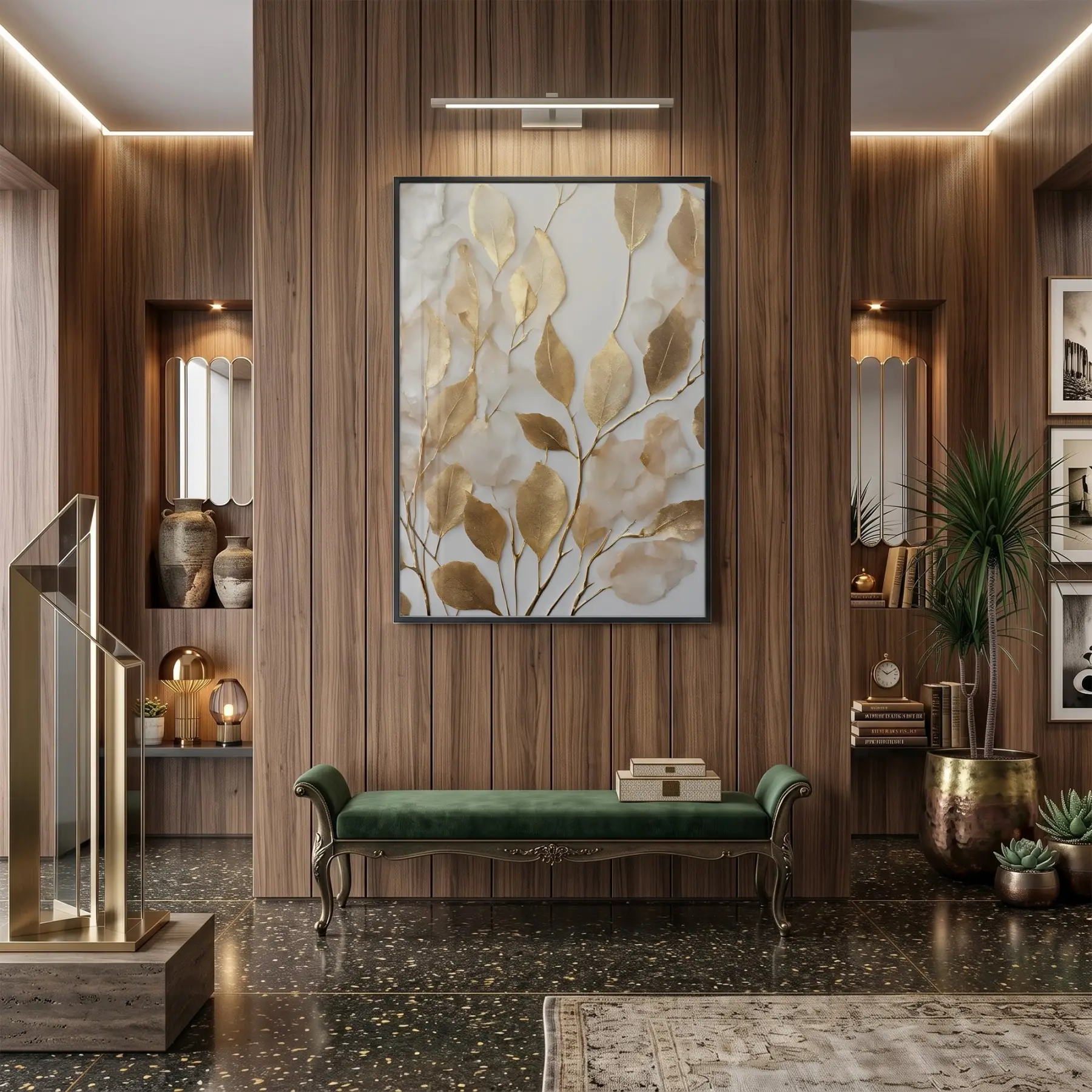 Altın Yapraklar Sıcak Tonları Tekli Siyah Metal Çerçeveli Cam Tablo Duvar Salon Aksesuarları
