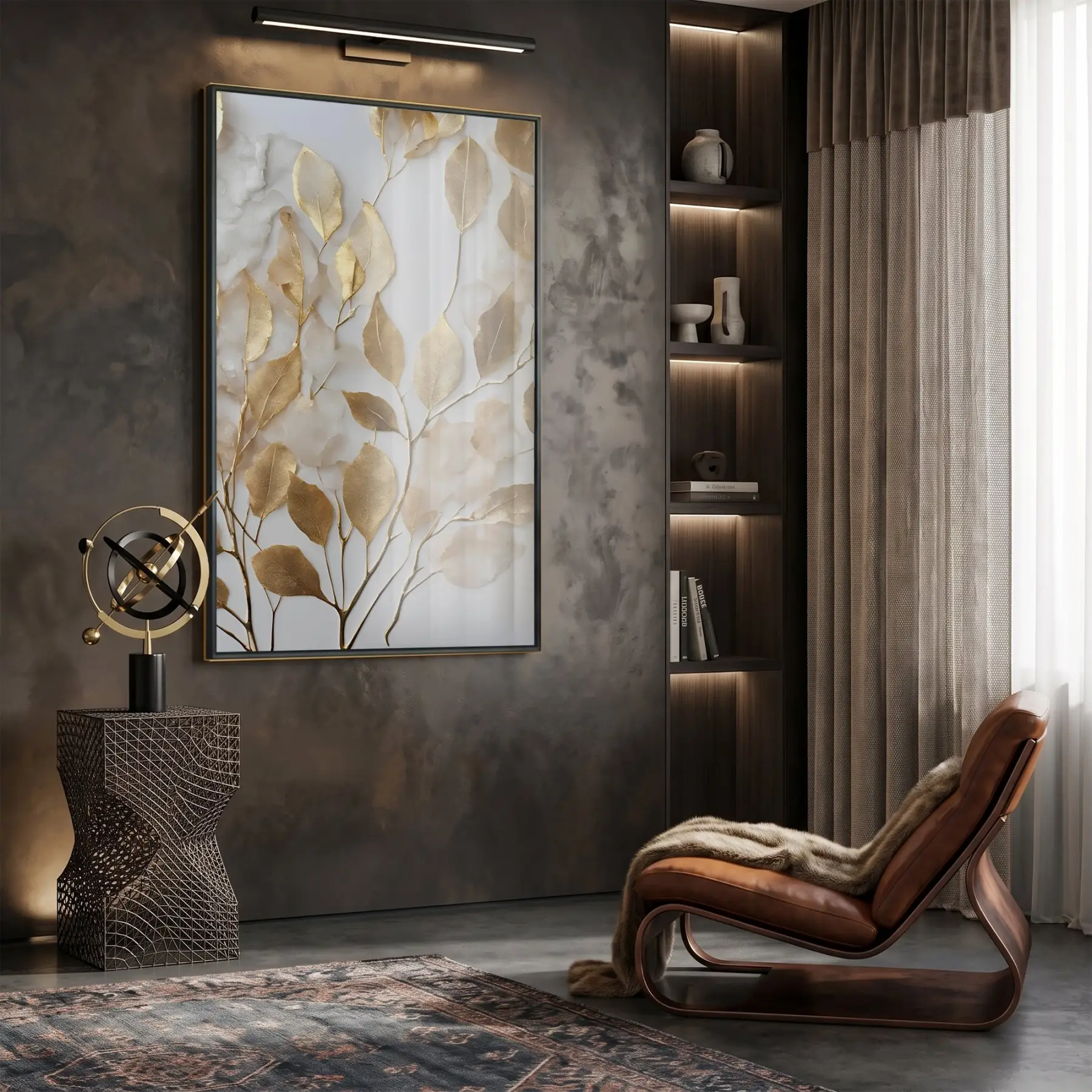 Altın Yapraklar Sıcak Tonları Tekli Siyah Metal Çerçeveli Cam Tablo Duvar Salon Aksesuarları