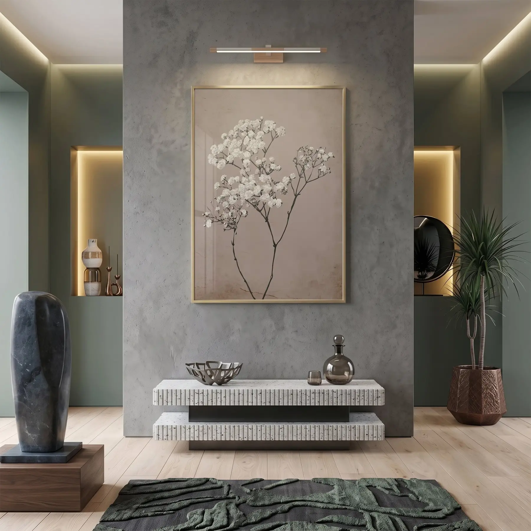 Çiçek Dalı Pudra Bej Tonları Tekli Gold Metal Çerçeveli Cam Tablo Salon Oturma