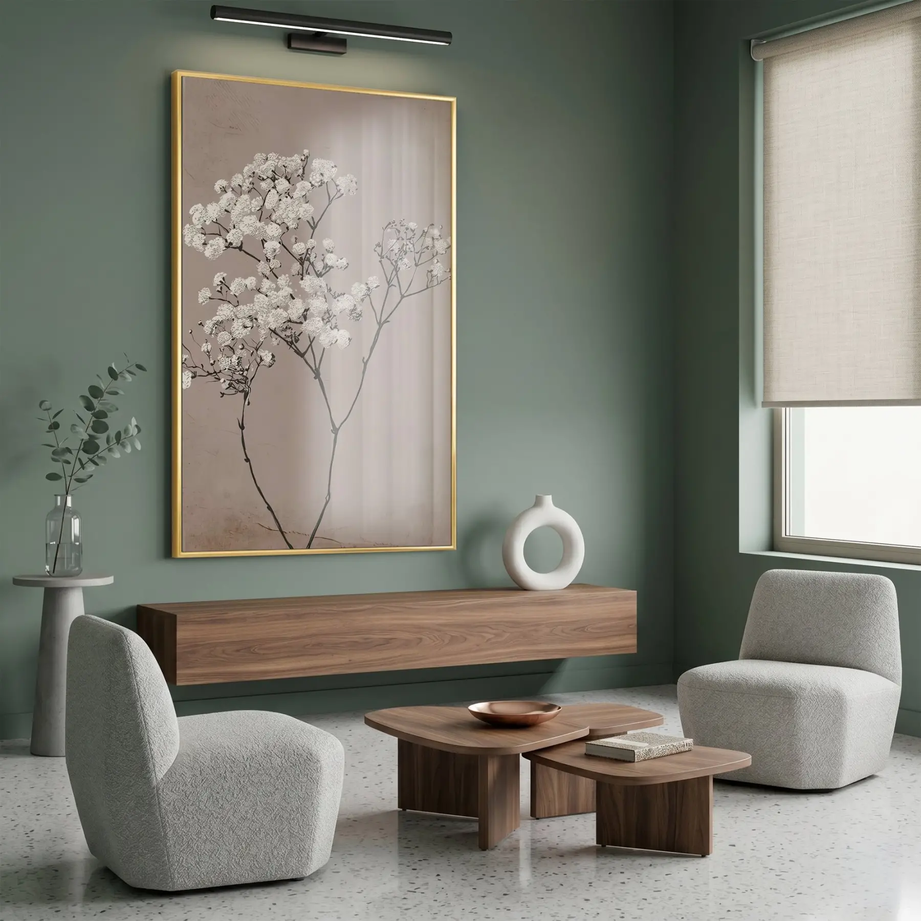 Çiçek Dalı Pudra Bej Tonları Tekli Gold Metal Çerçeveli Cam Tablo Salon Oturma