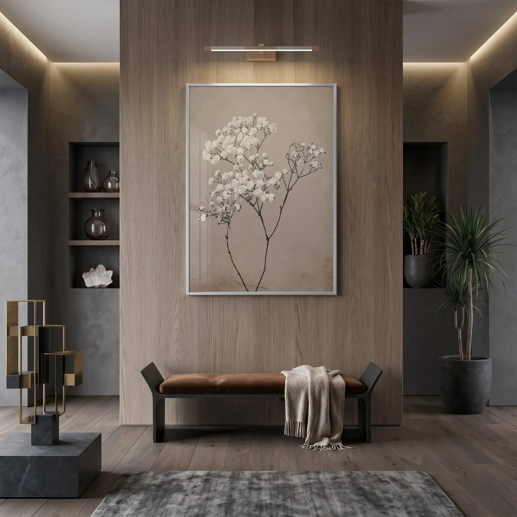 Çiçek Dalı Pudra Bej Tonları Tekli Gümüş Metal Çerçeveli Cam Tablo Duvar Salon