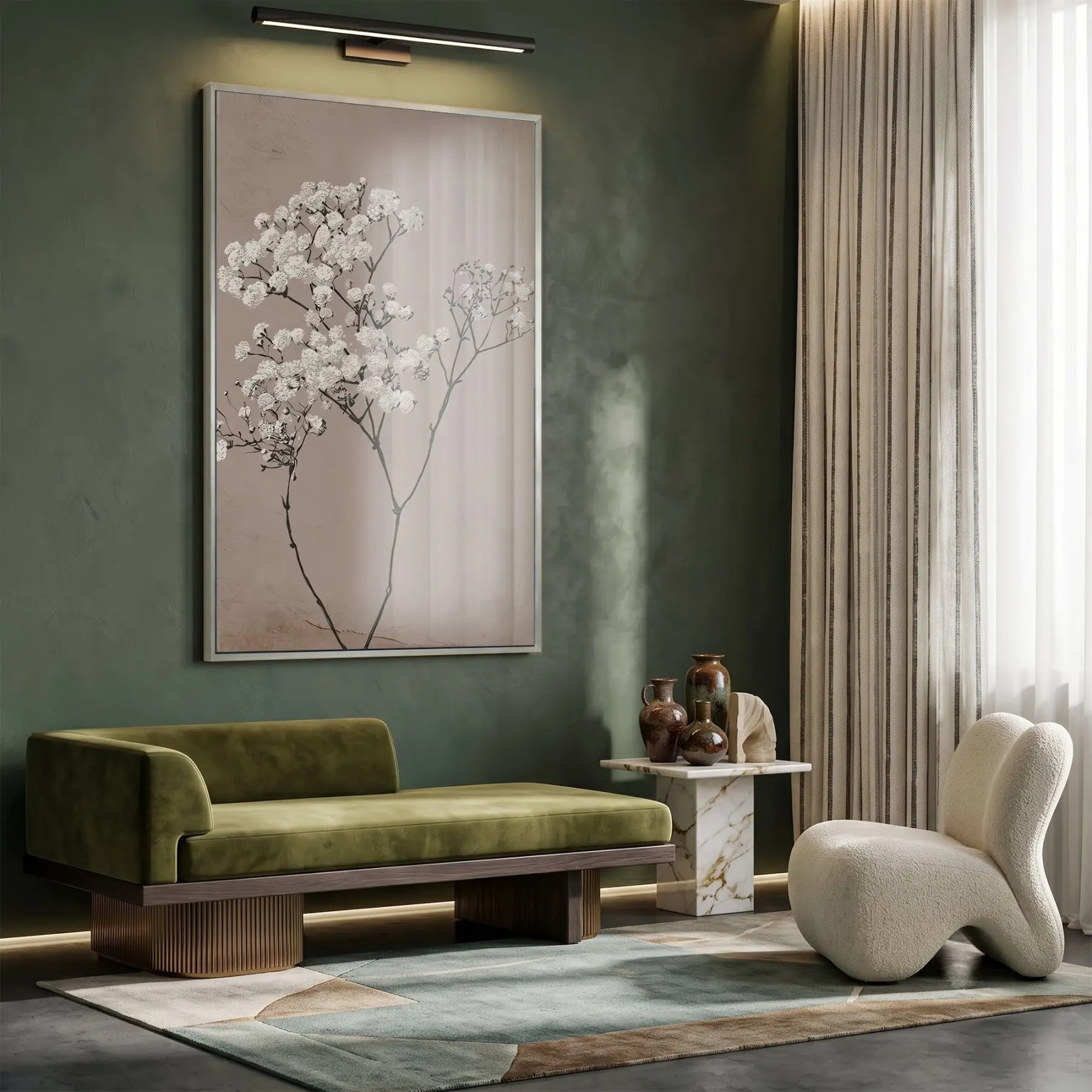 Çiçek Dalı Pudra Bej Tonları Tekli Gümüş Metal Çerçeveli Cam Tablo Duvar Salon