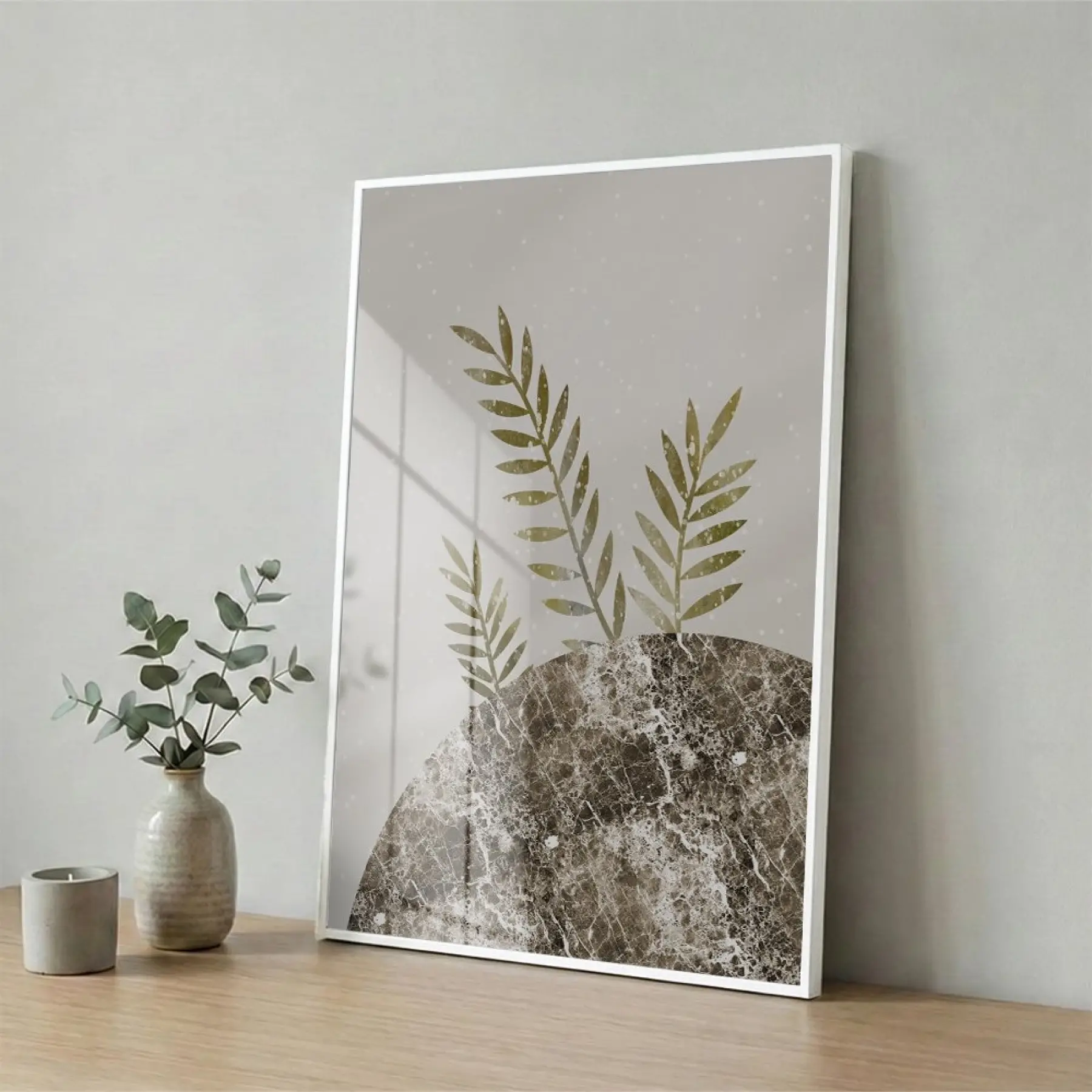 Yaprak Formları Sıcak Toprak Tekli Beyaz Metal Çerçeveli Cam Tablo Poster Dekoratif Obje