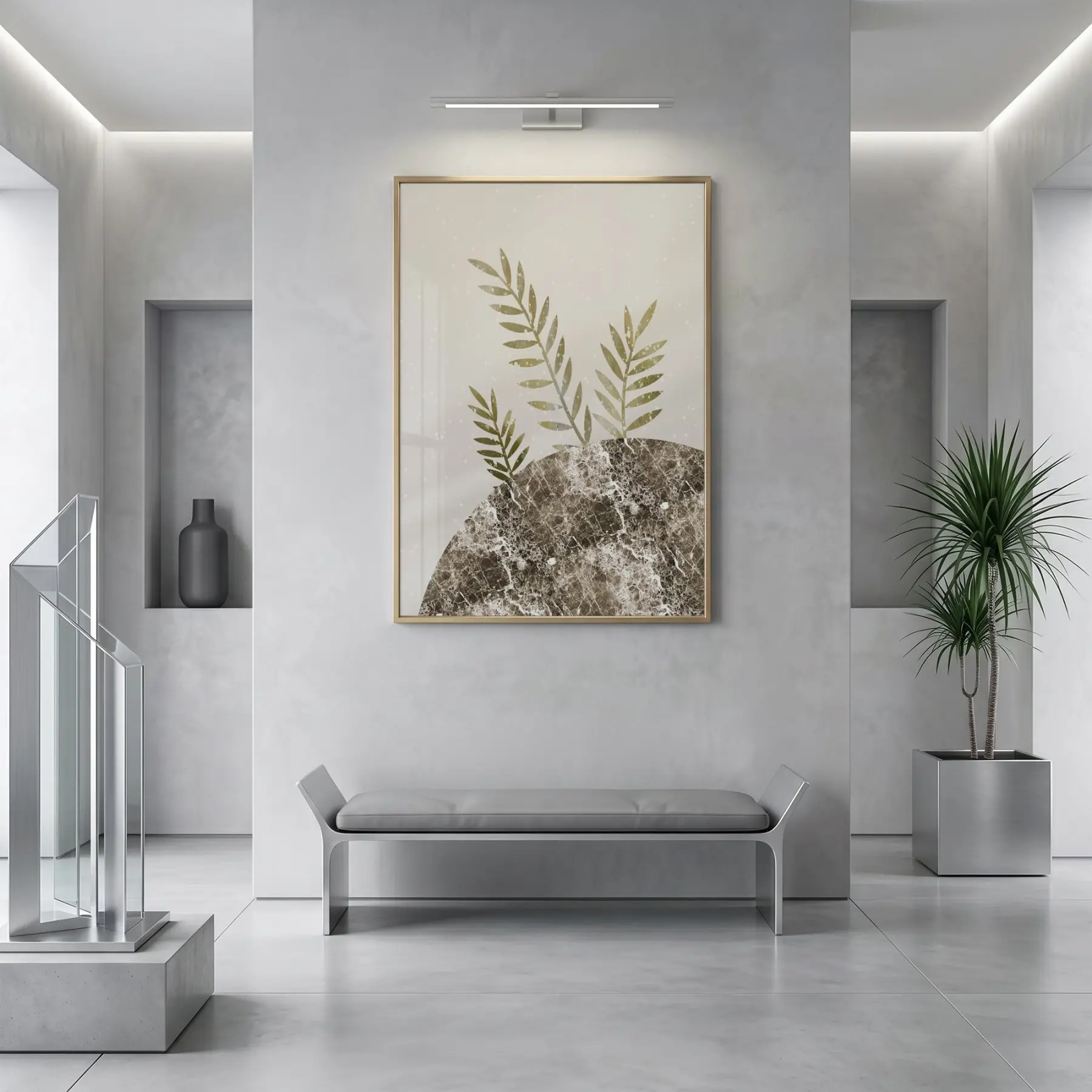 Yaprak Formları Sıcak Toprak Tekli Gold Metal Çerçeveli Cam Tablo Poster Dekoratif Obje
