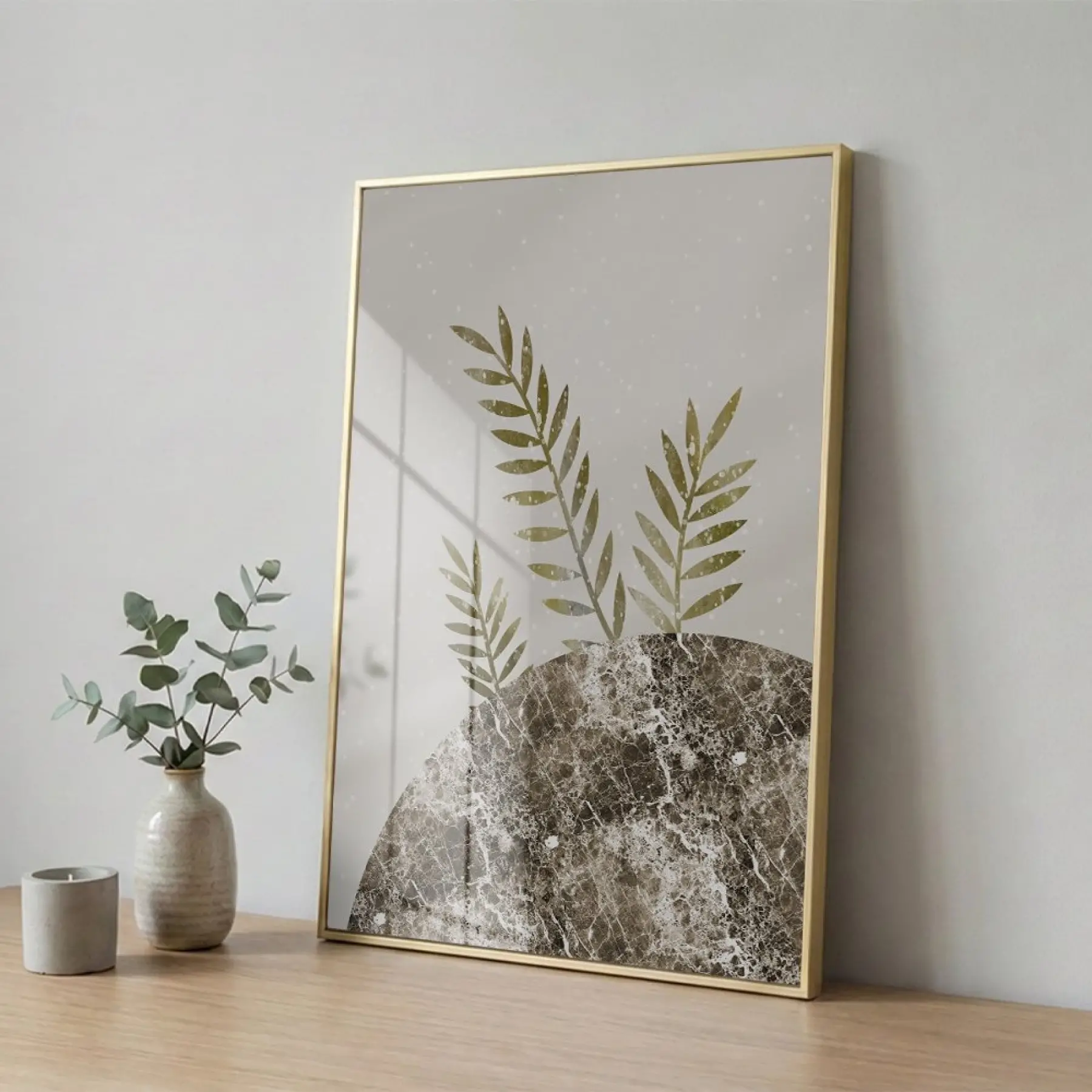 Yaprak Formları Sıcak Toprak Tekli Gold Metal Çerçeveli Cam Tablo Poster Dekoratif Obje