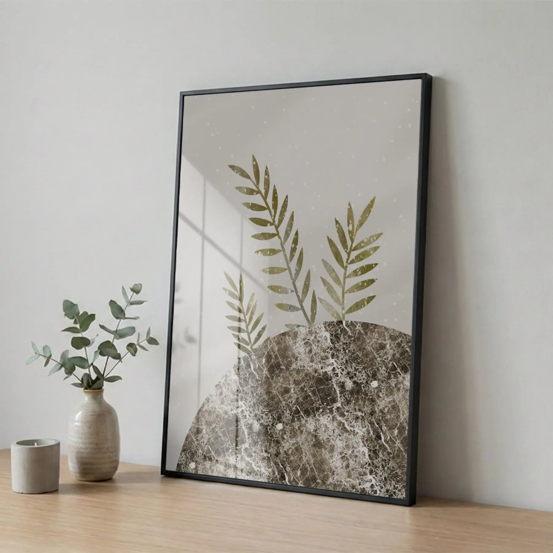 Yaprak Formları Sıcak Toprak Tekli Siyah Metal Çerçeveli Cam Tablo Poster Dekoratif Obje