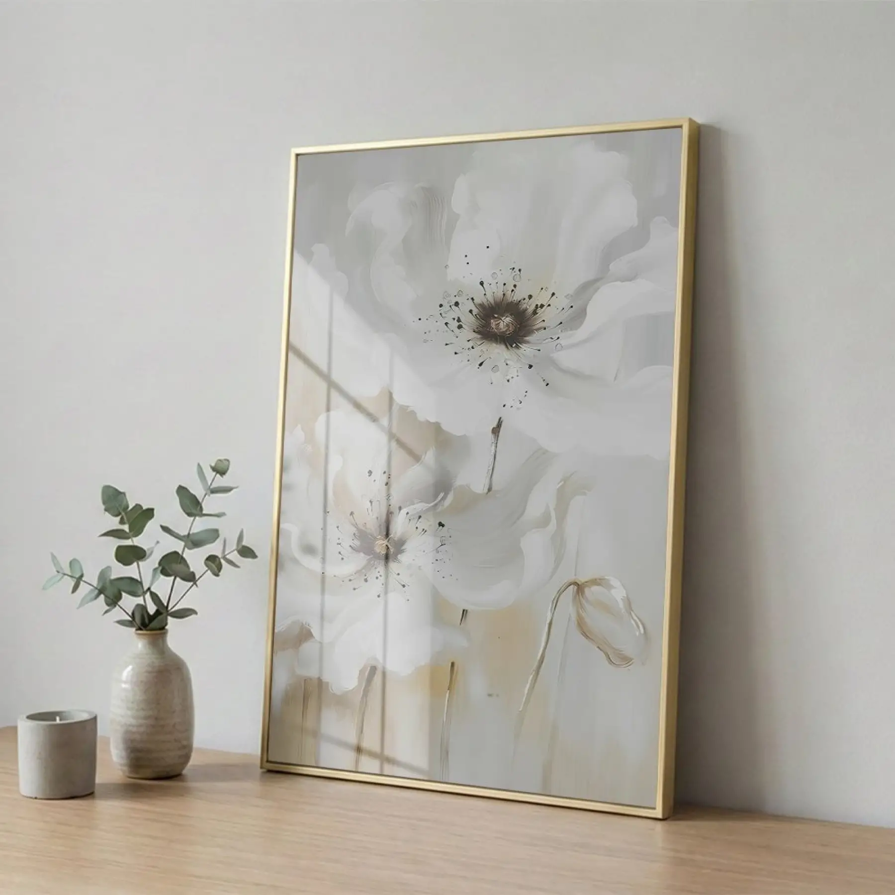 Büyük Çiçekler Krem Bej Tonları Tekli Gold Metal Çerçeveli Cam Tablo Ev Dekorasyonu
