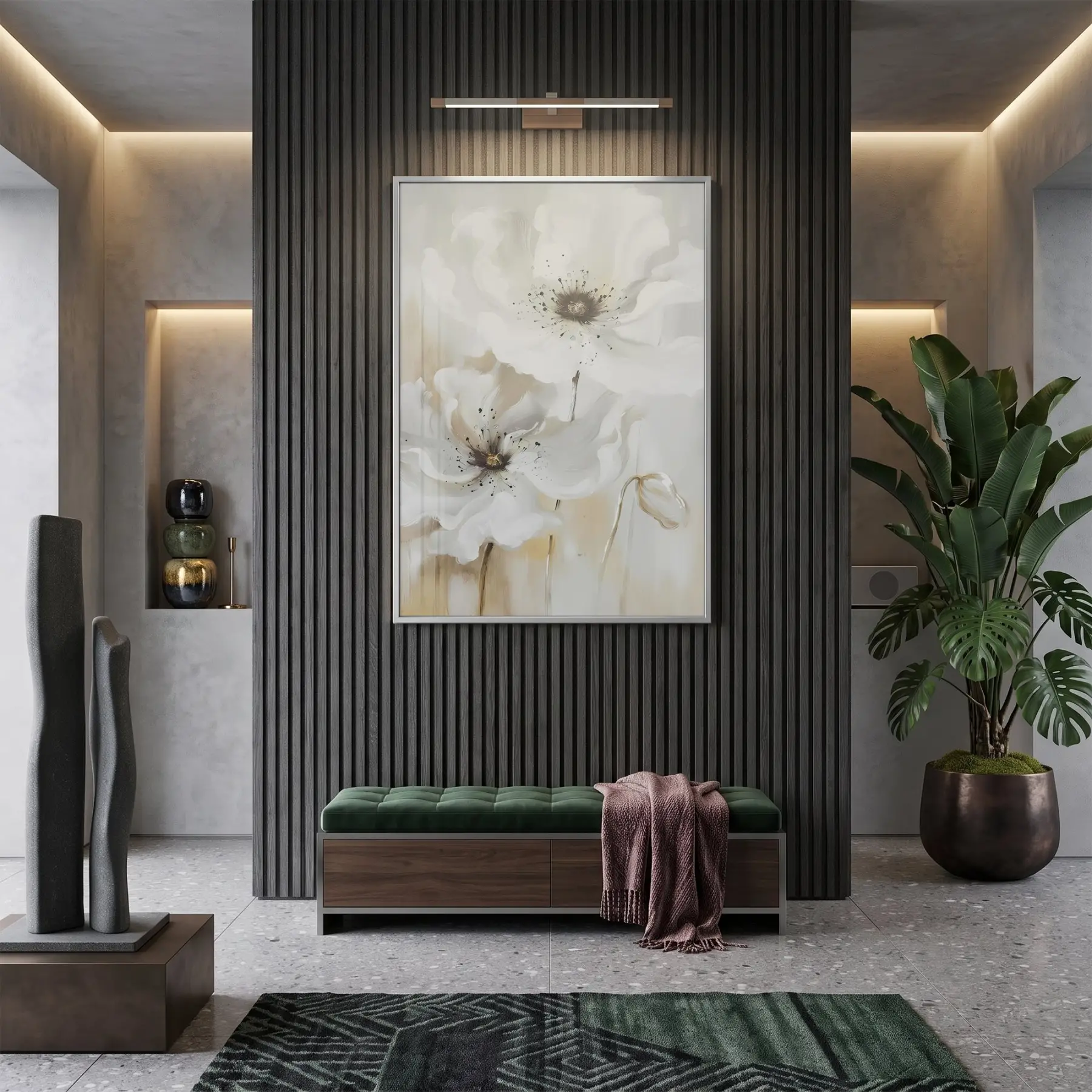 Büyük Çiçekler Krem Bej Tonları Tekli Gümüş Metal Çerçeveli Cam Tablo Poster Dekoratif