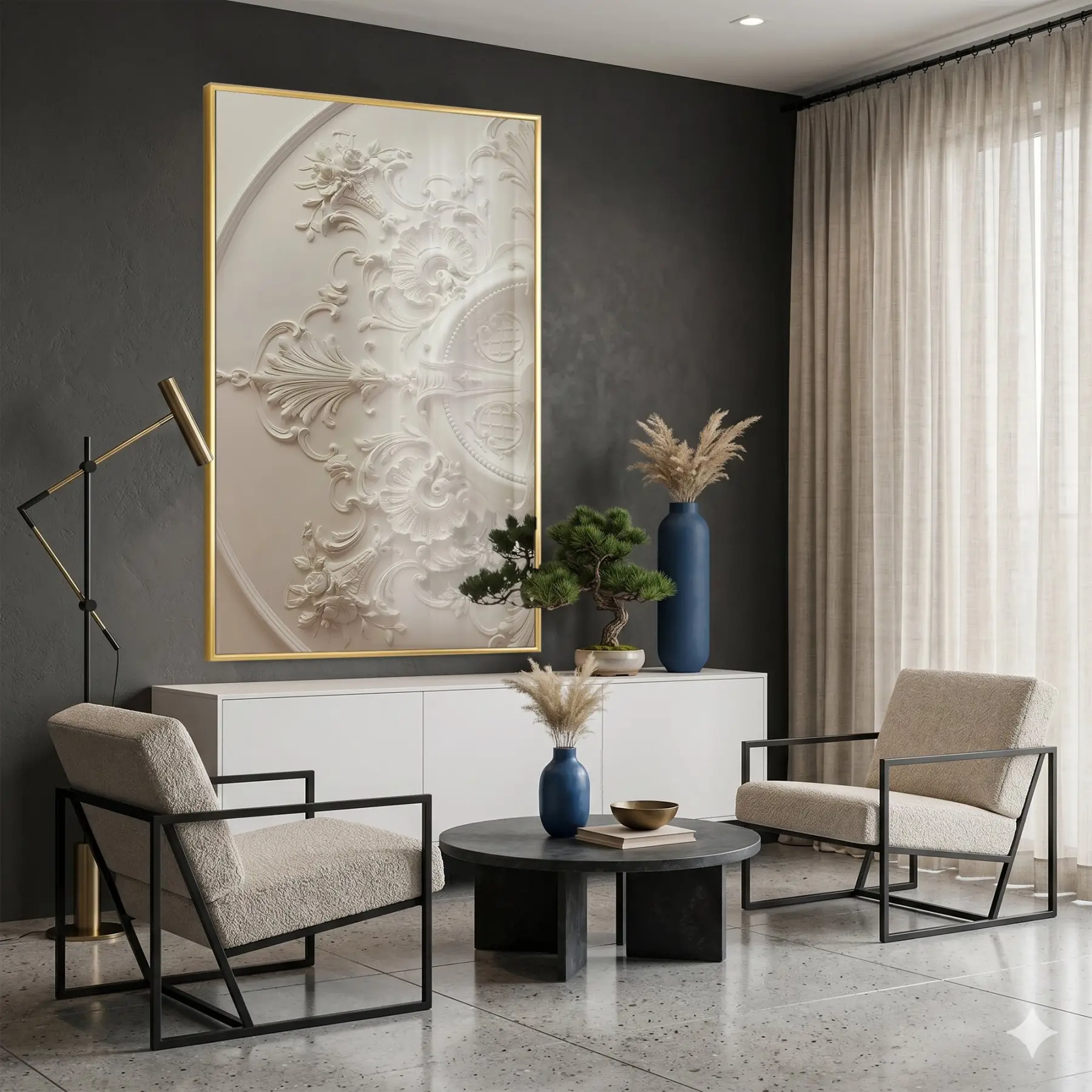 Dekoratif Oyma Sıcak Krem Tonları Tekli Gold Metal Çerçeveli Cam Tablo Poster Obje