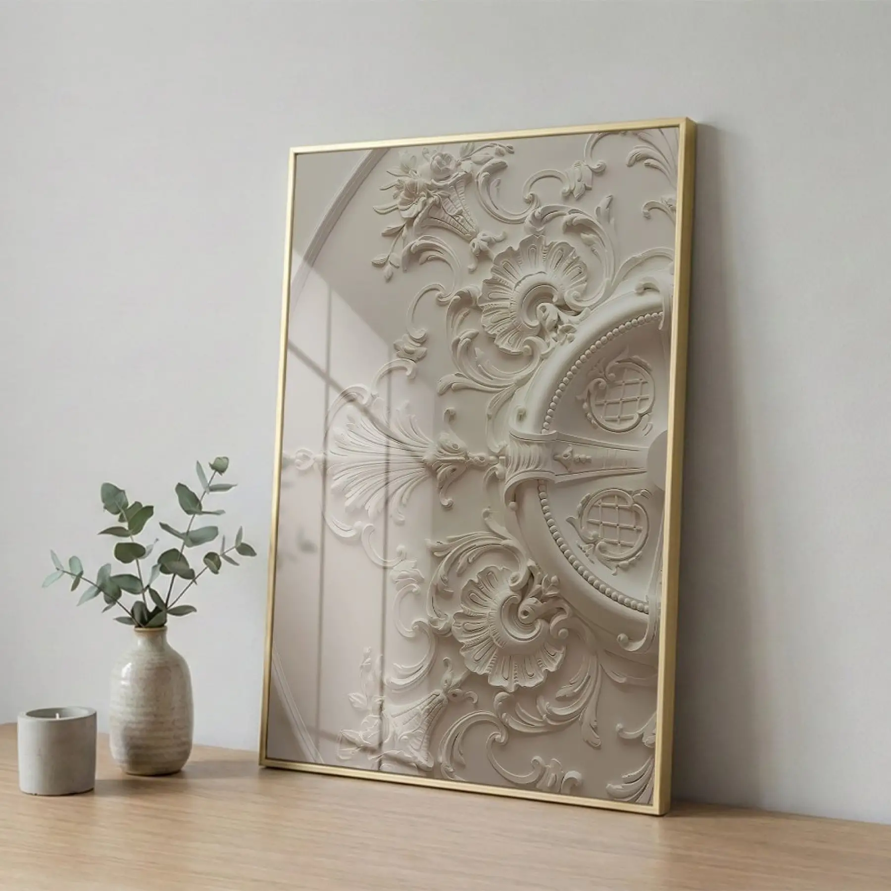 Dekoratif Oyma Sıcak Krem Tonları Tekli Gold Metal Çerçeveli Cam Tablo Poster Obje